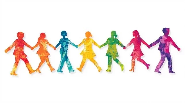 Colorful silhouette of children holding hands in a line.