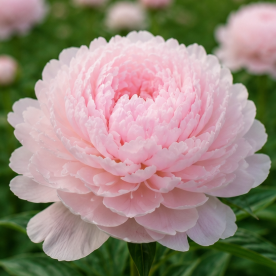 Close-up of a pink peony flower in full bloom, with blurred pink flowers in the background.
