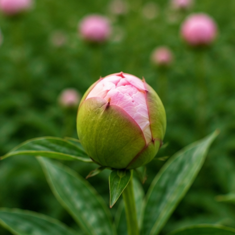 Close-up of a pink peony bud surrounded by green leaves, with blurred pink flowers in the background.