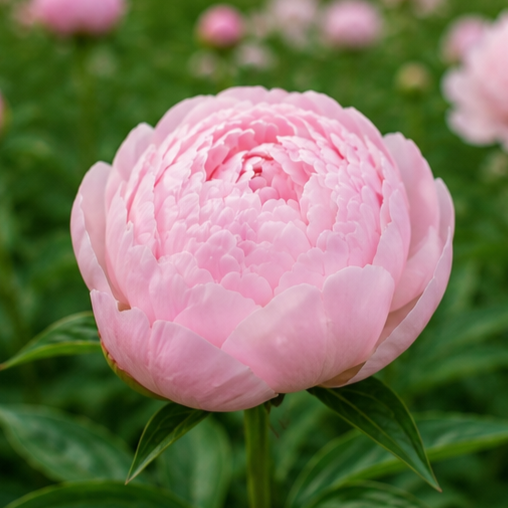 Pink peony flower in bloom with green leaves, with blurred pink flowers in the background.