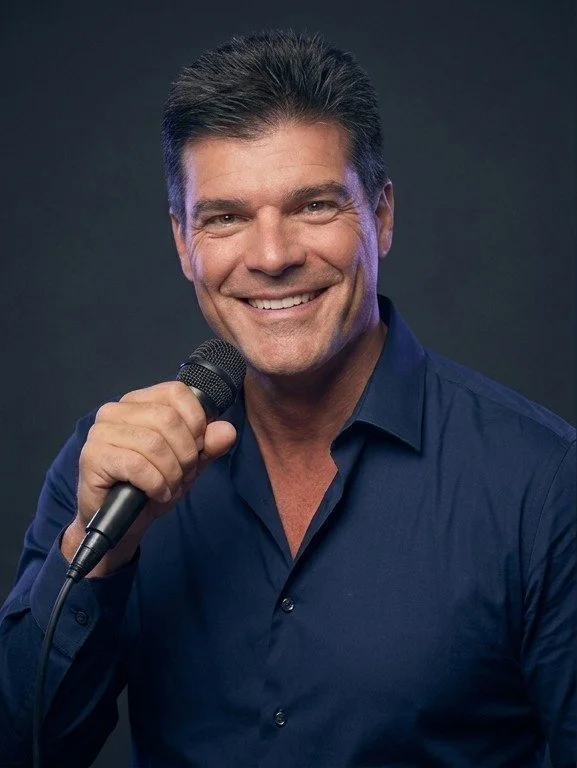 Smiling man holding a microphone, wearing a dark blue button-up shirt, against a dark background.