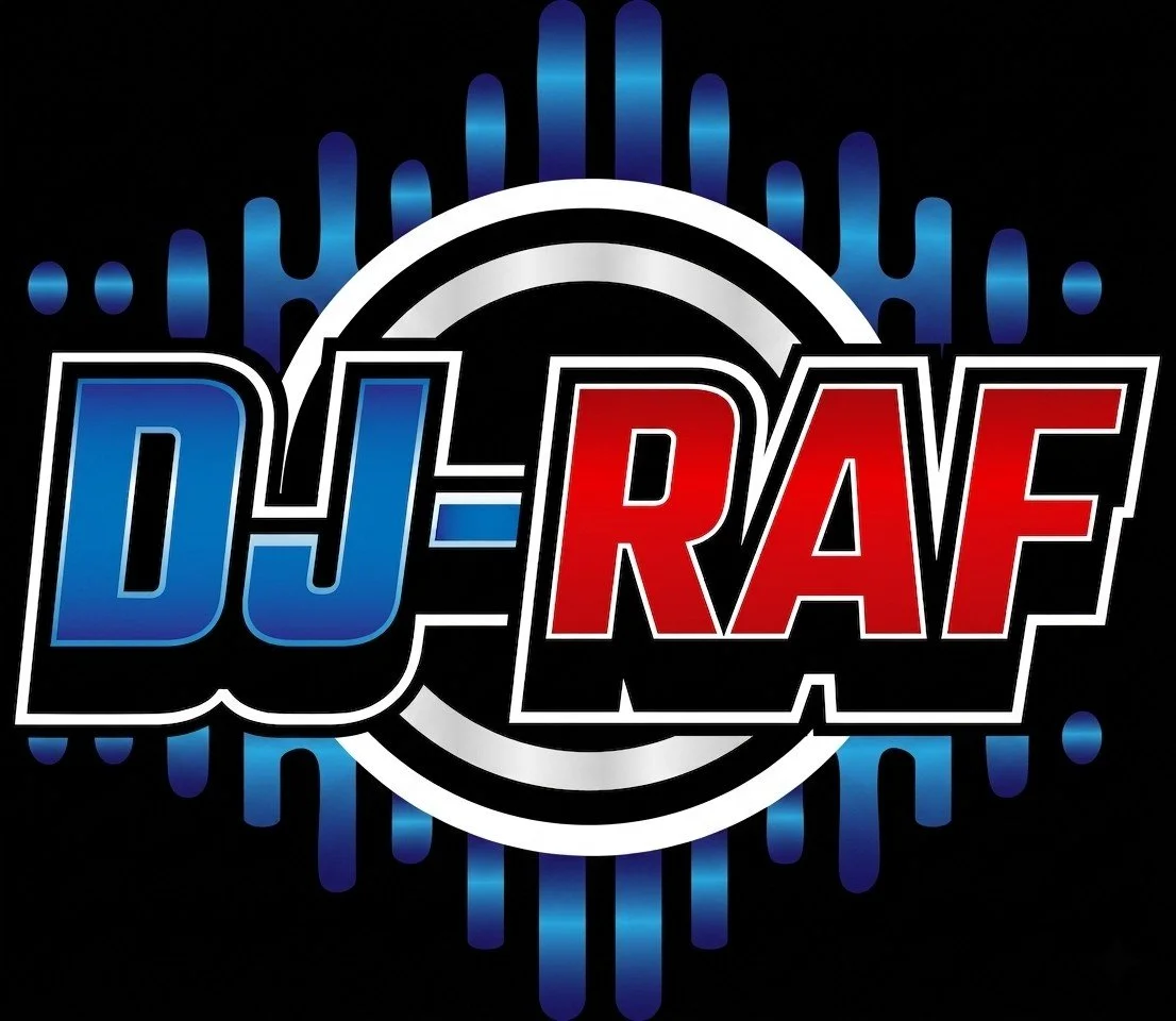 Logo for DJ Raf with blue and red text, a circular design, and sound wave graphics in the background.