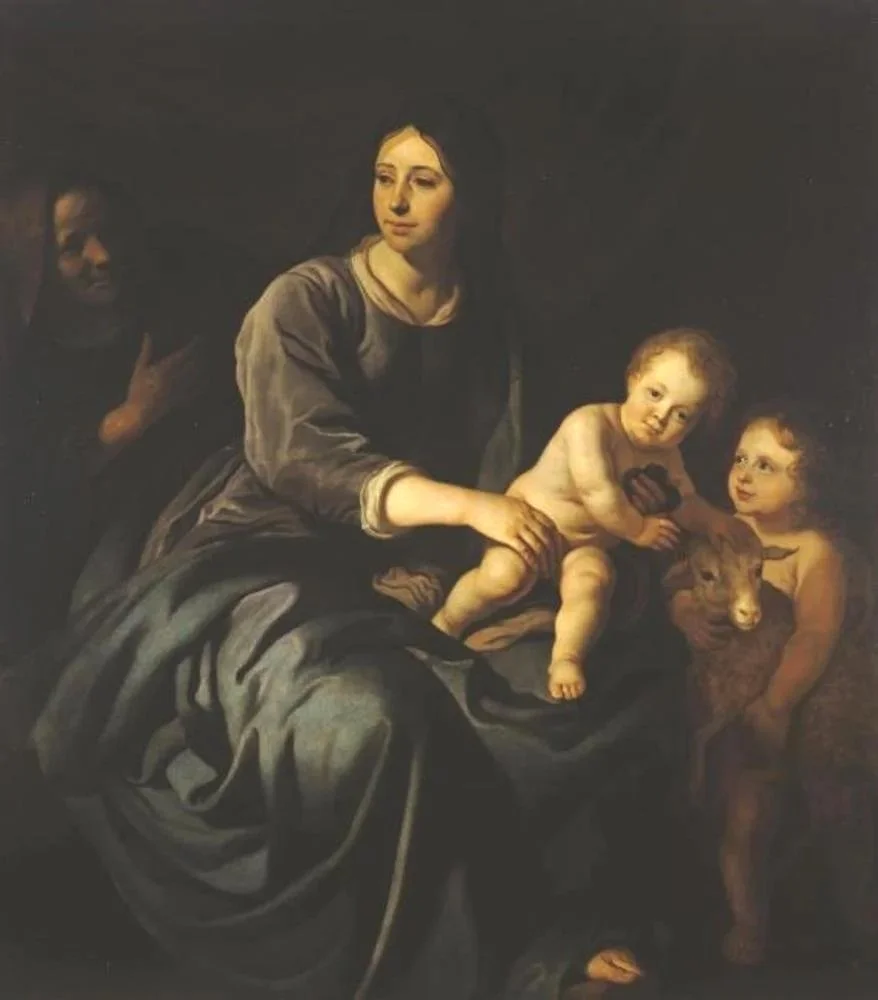 A classical painting of Mary, the Mother of God, with Jesus and John the Baptist and a sheep. St. Elizabeth is in the background on the left.