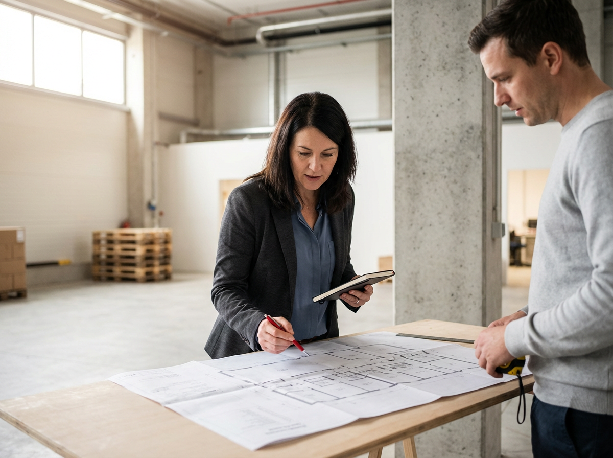 Two people, a woman and a man, working together on architectural plans at a construction site or warehouse, with pallets and unfinished walls in the background.