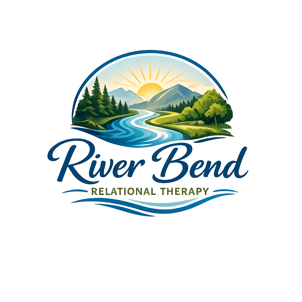 Logo for River Bend Relational Therapy featuring a scenic landscape with river, mountains, trees, and sunrise.