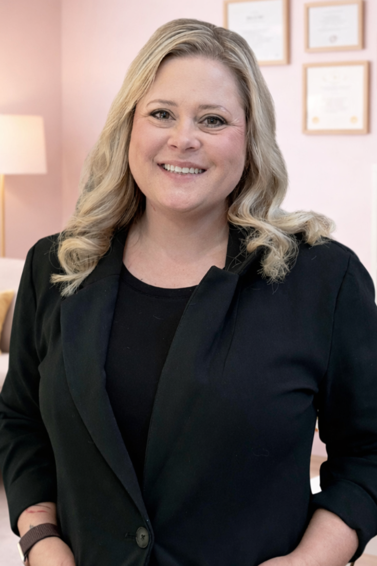 A woman with blonde hair wearing a black blazer and black shirt, smiling, standing in a room with framed diplomas or certificates on the wall behind her.