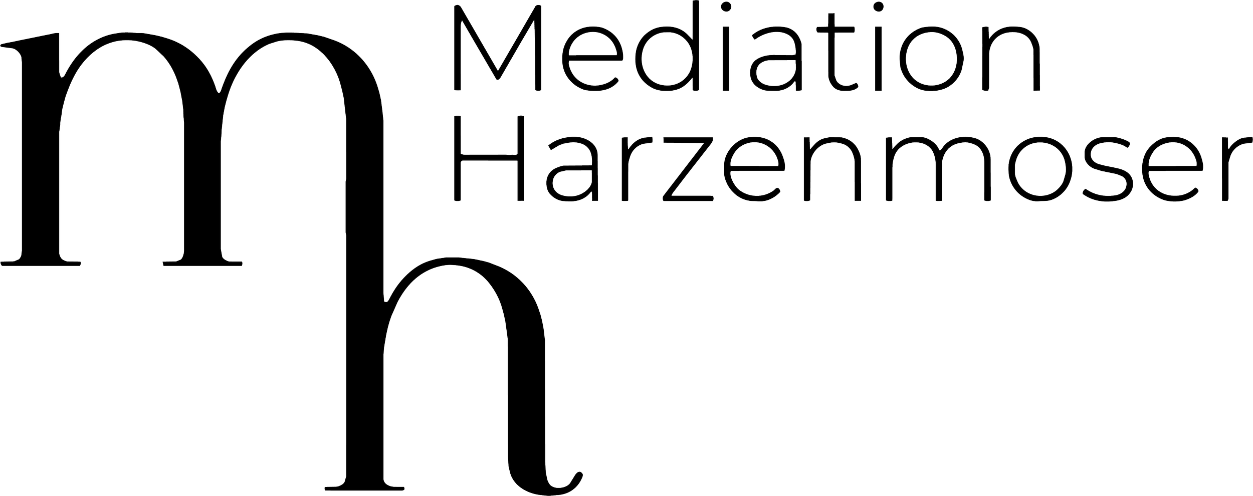 Schriftzug mit dem Text 'Medication Harzermose' und großen stilisierten Buchstaben 'M' im Hintergrund.