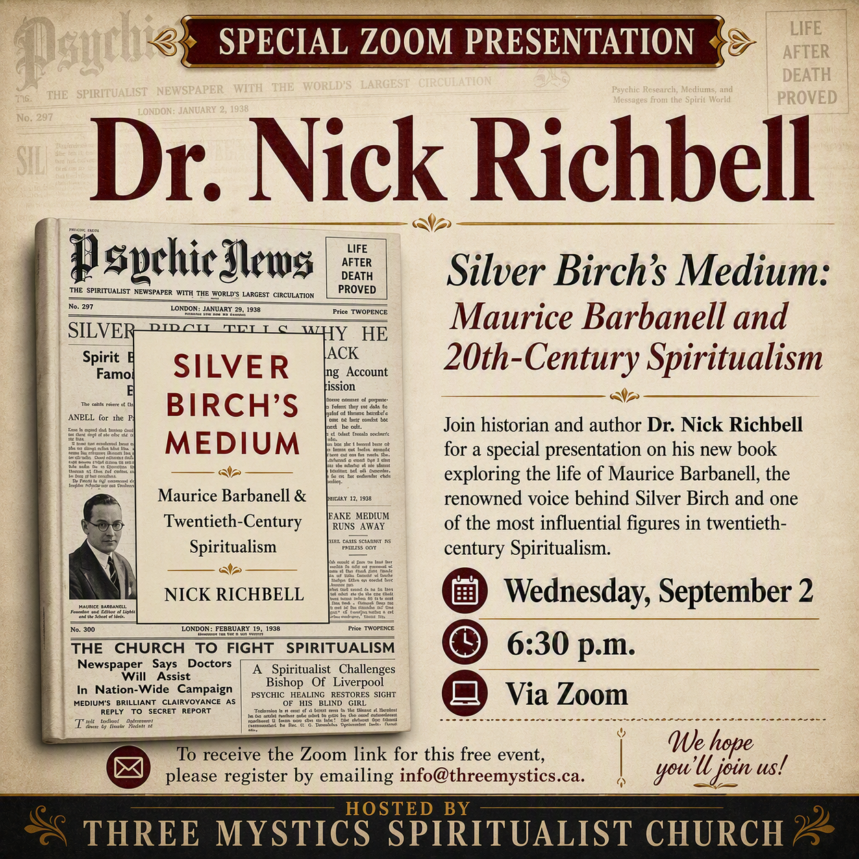 Image of book cover and event details