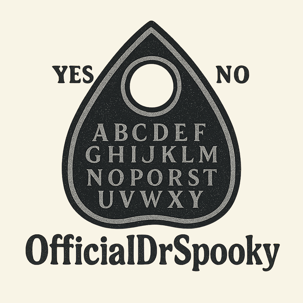 A black and white planchette, featuring the alphabet from A to Y inside. The chart has 'YES' on the left and 'NO' on the right, and the text 'OfficialDrSpooky' at the bottom.