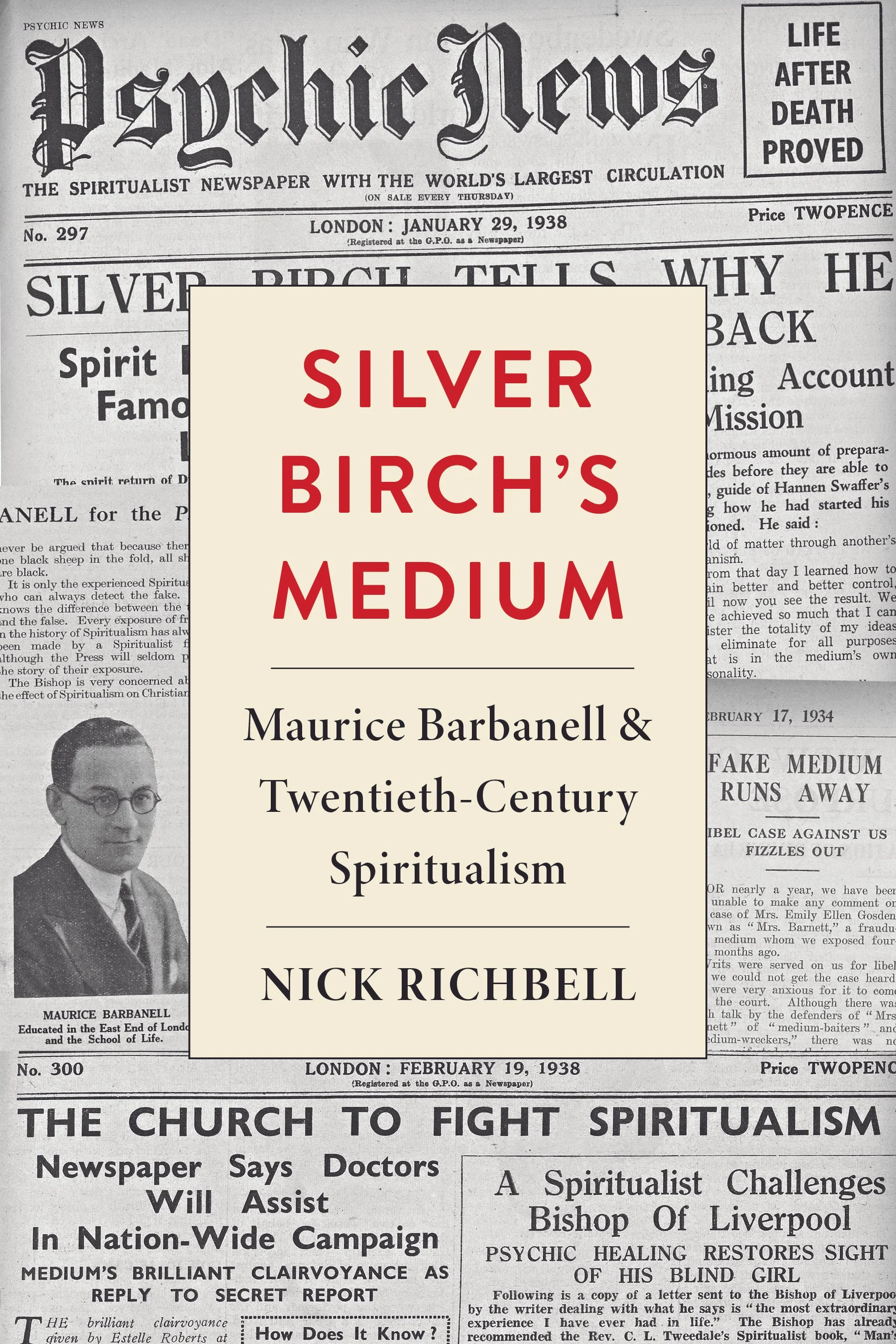Close-up of a vintage newspaper page titled 'Psychic News' from January 29, 1938, featuring an article about silver, a photograph of Maurice Barbanell, and headlines related to spiritualism and psychic phenomena.