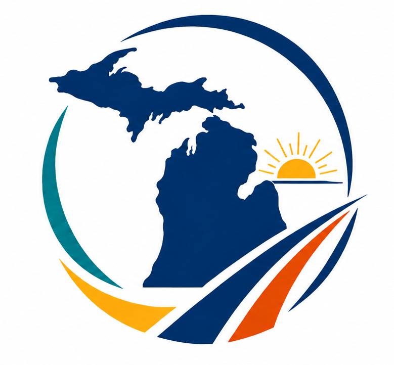 Logo depicting a map of Michigan, a rising sun, and stylized roads.