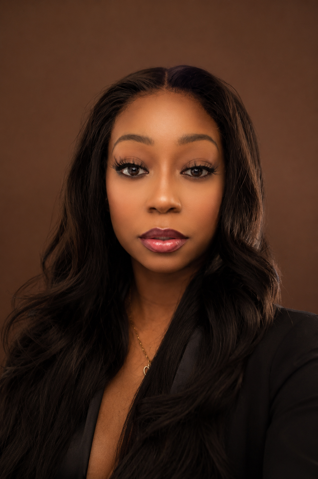 Close-up portrait of a young African American woman with long, dark, wavy hair, wearing makeup, a black top, and a gold necklace, against a plain brown background.