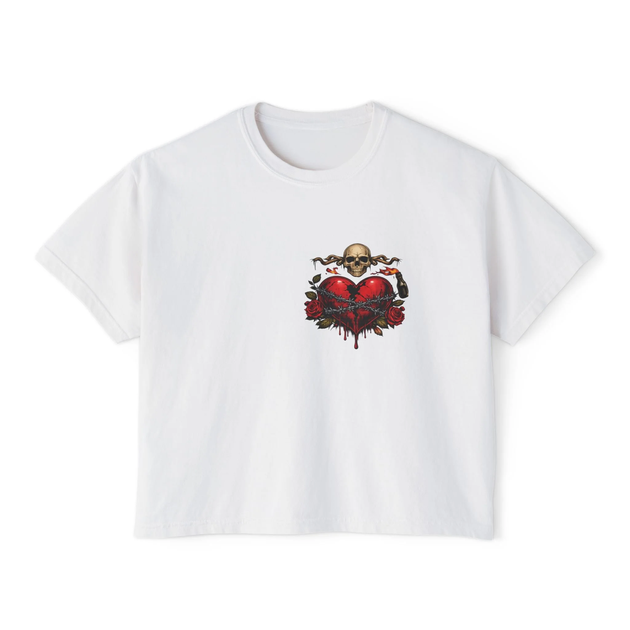 Women's Boxy Tee — Skull & Bleeding Heart Graphic Cropped Tee