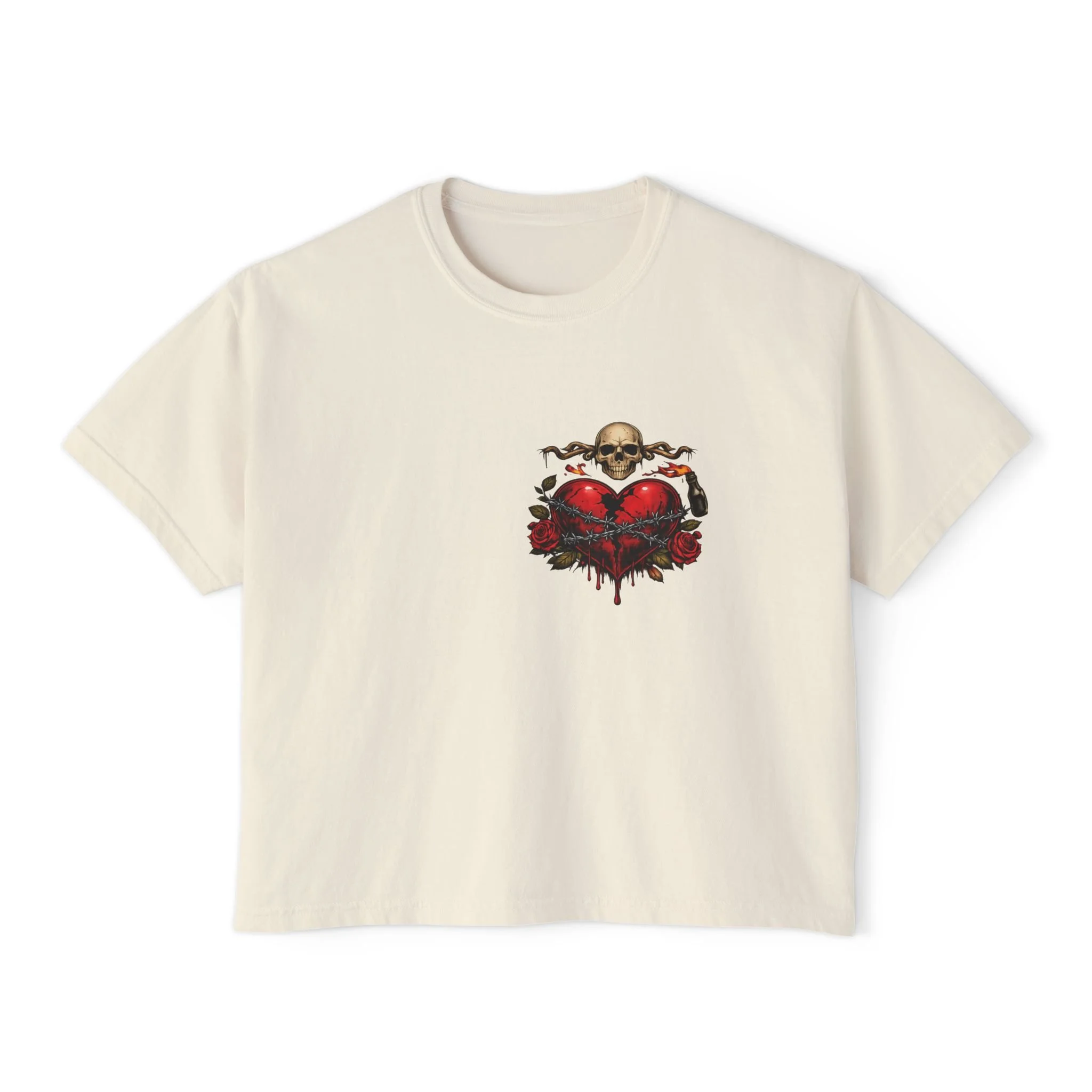 Women's Boxy Tee — Skull & Bleeding Heart Graphic Cropped Tee