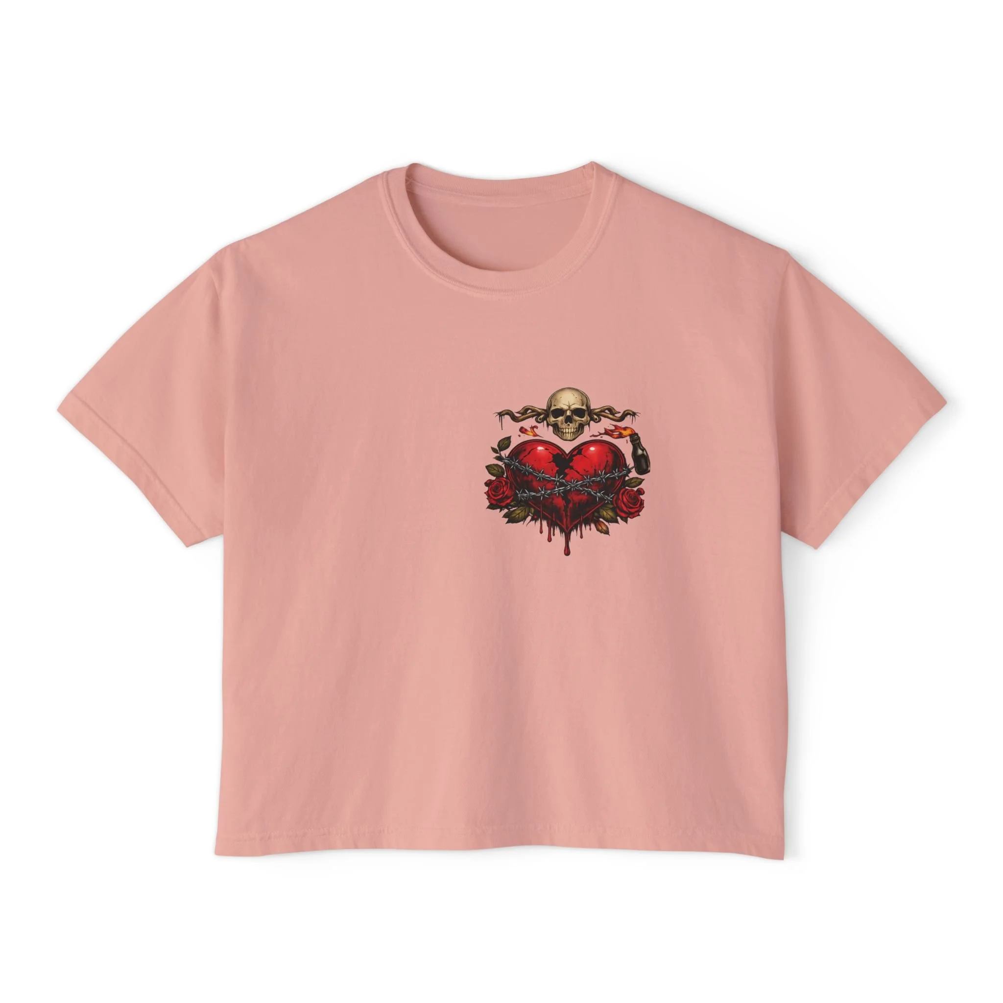 Women's Boxy Tee — Skull & Bleeding Heart Graphic Cropped Tee