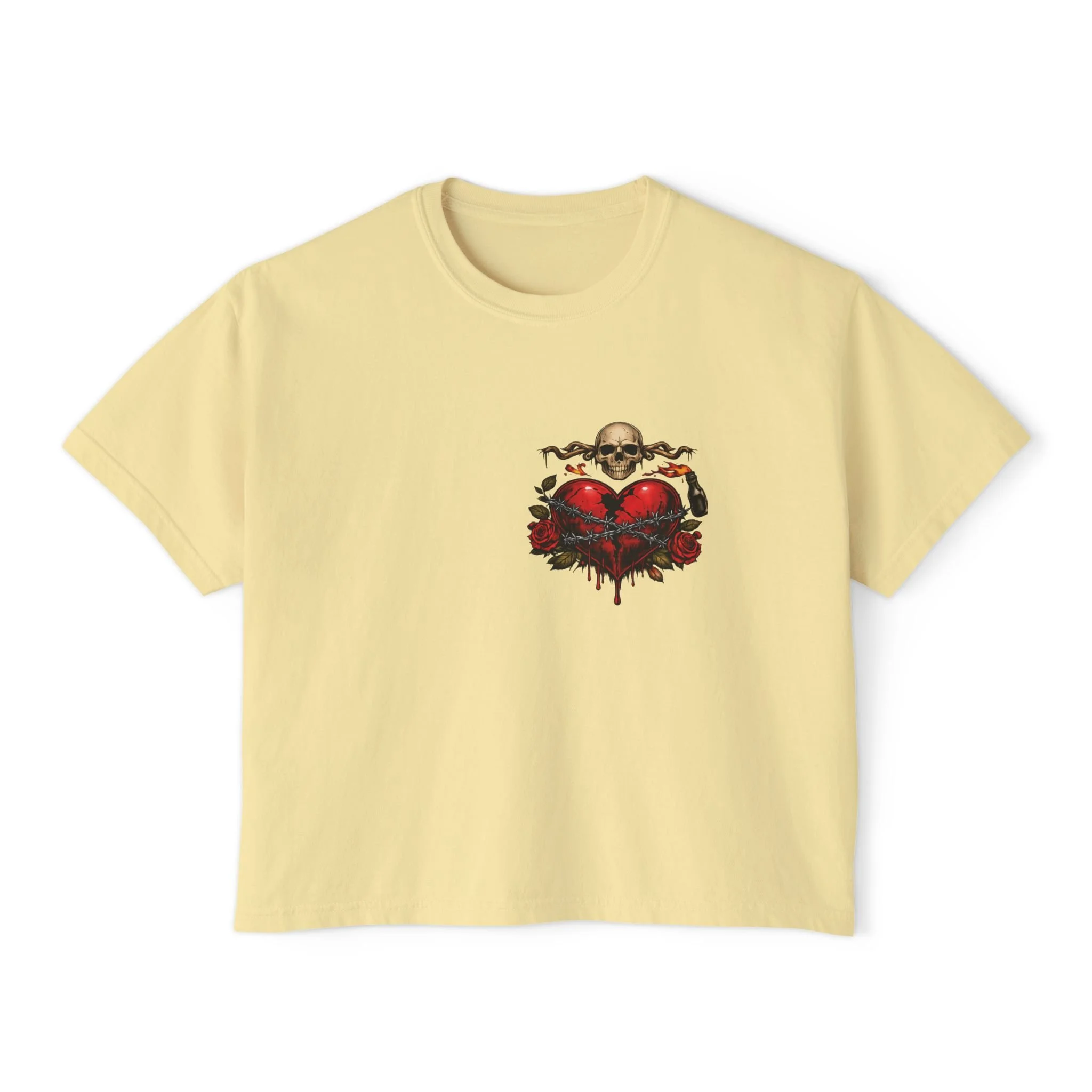 Women's Boxy Tee — Skull & Bleeding Heart Graphic Cropped Tee