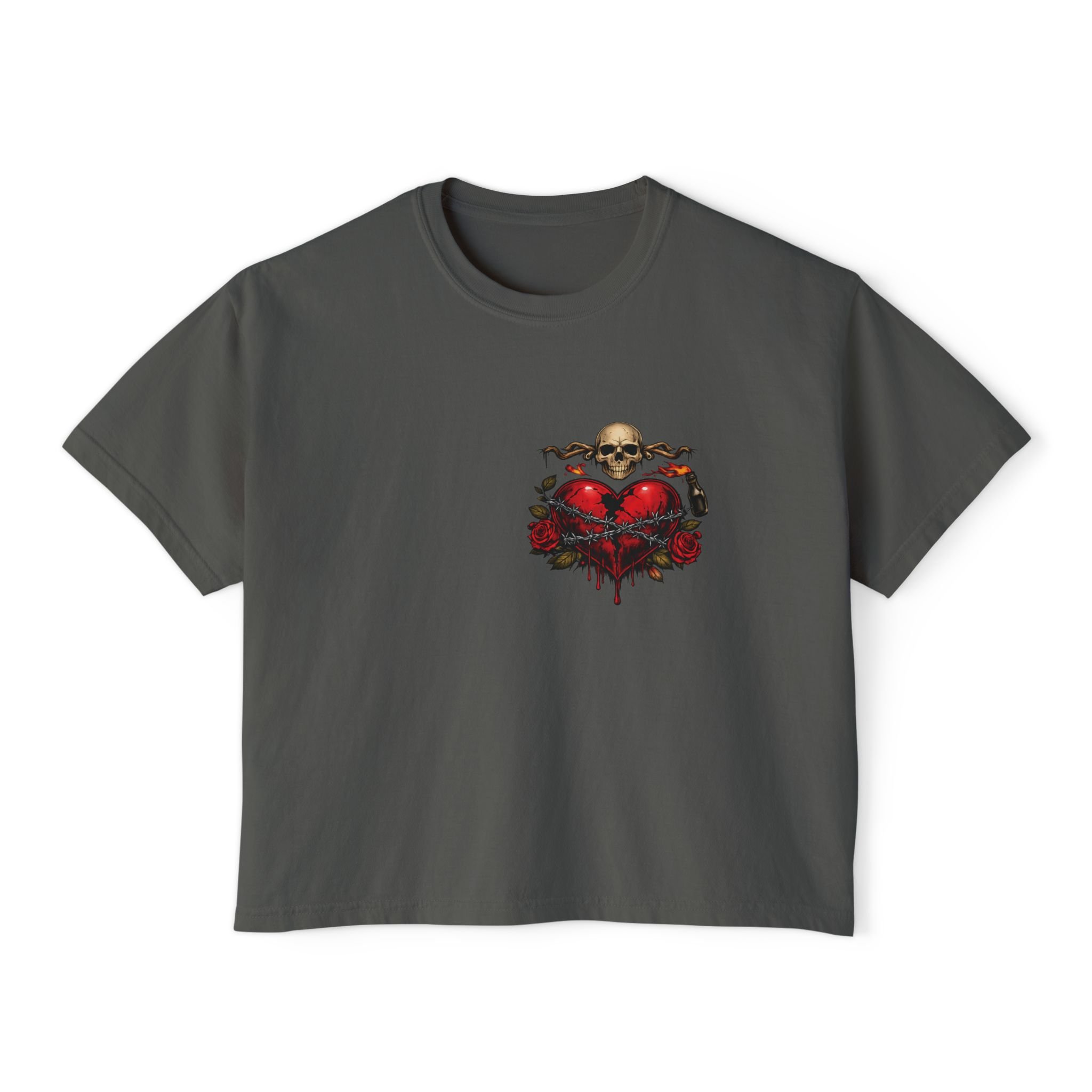 Women's Boxy Tee — Skull & Bleeding Heart Graphic Cropped Tee
