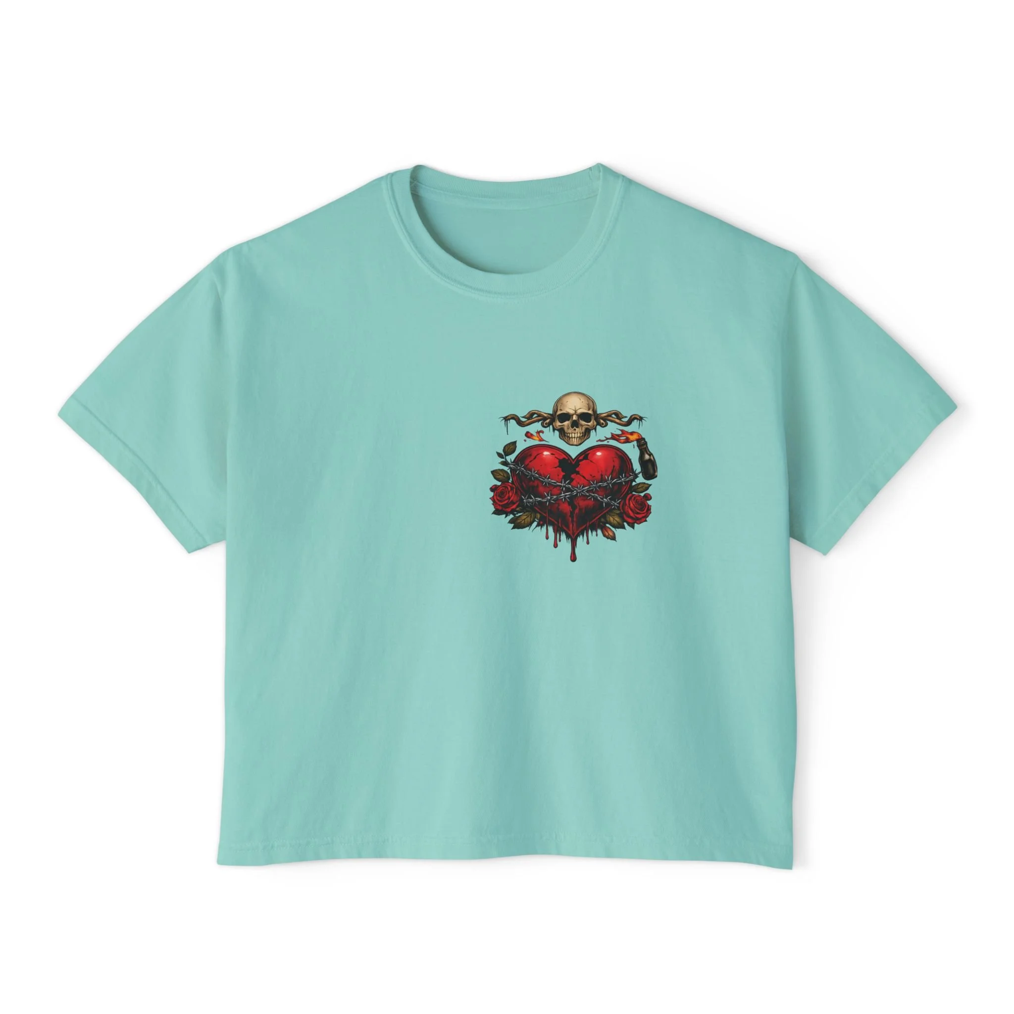 Women's Boxy Tee — Skull & Bleeding Heart Graphic Cropped Tee