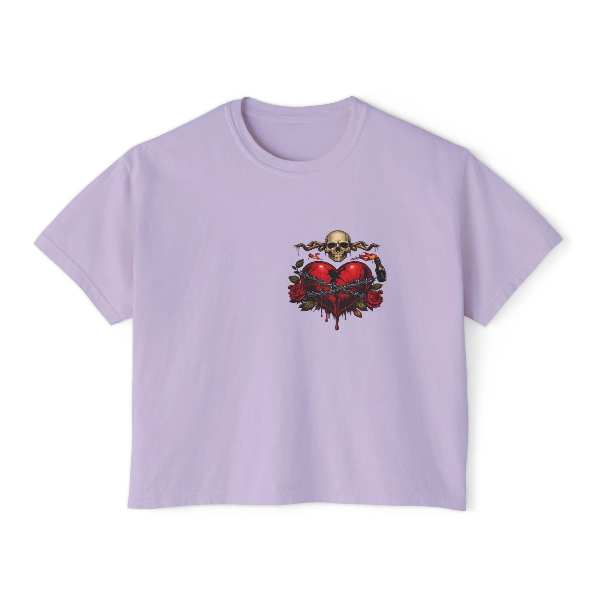 Women's Boxy Tee — Skull & Bleeding Heart Graphic Cropped Tee