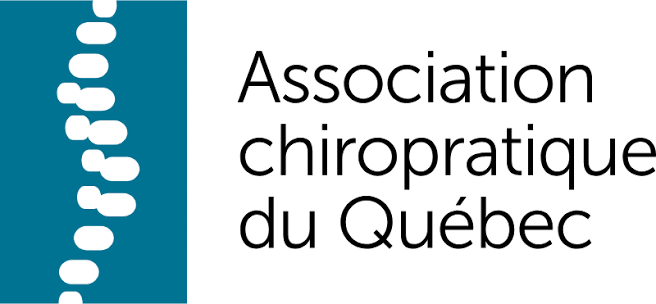 Logo de l'Association chiropratique du Québec avec une colonne vertébrale stylisée en bleu à gauche et le nom de l'association à droite.