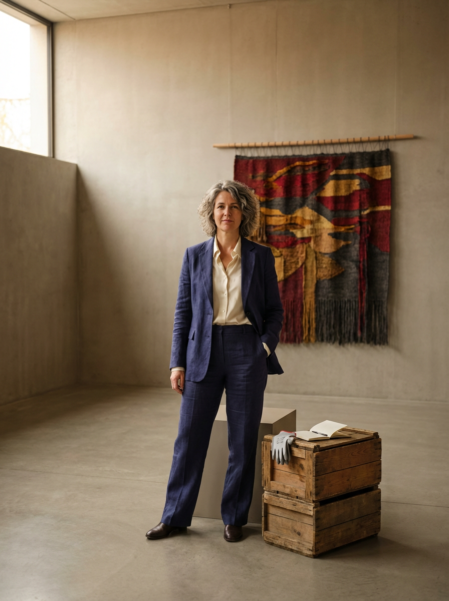 A middle-aged woman with curly gray hair wearing a navy blue suit with a white blouse standing in an art gallery. Behind her, there is a colorful woven textile hanging on the wall. In front of her, a wooden crate holds an open book and a pair of white gloves. The gallery has a minimalist design with concrete floors and neutral-colored walls, and natural light coming through a high window.