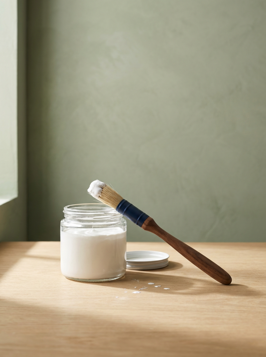 A glass jar of white cream or moisturizer with a lid, and a wooden-handled brush resting on top of it, with some cream on the brush and a few drips on the wooden surface.