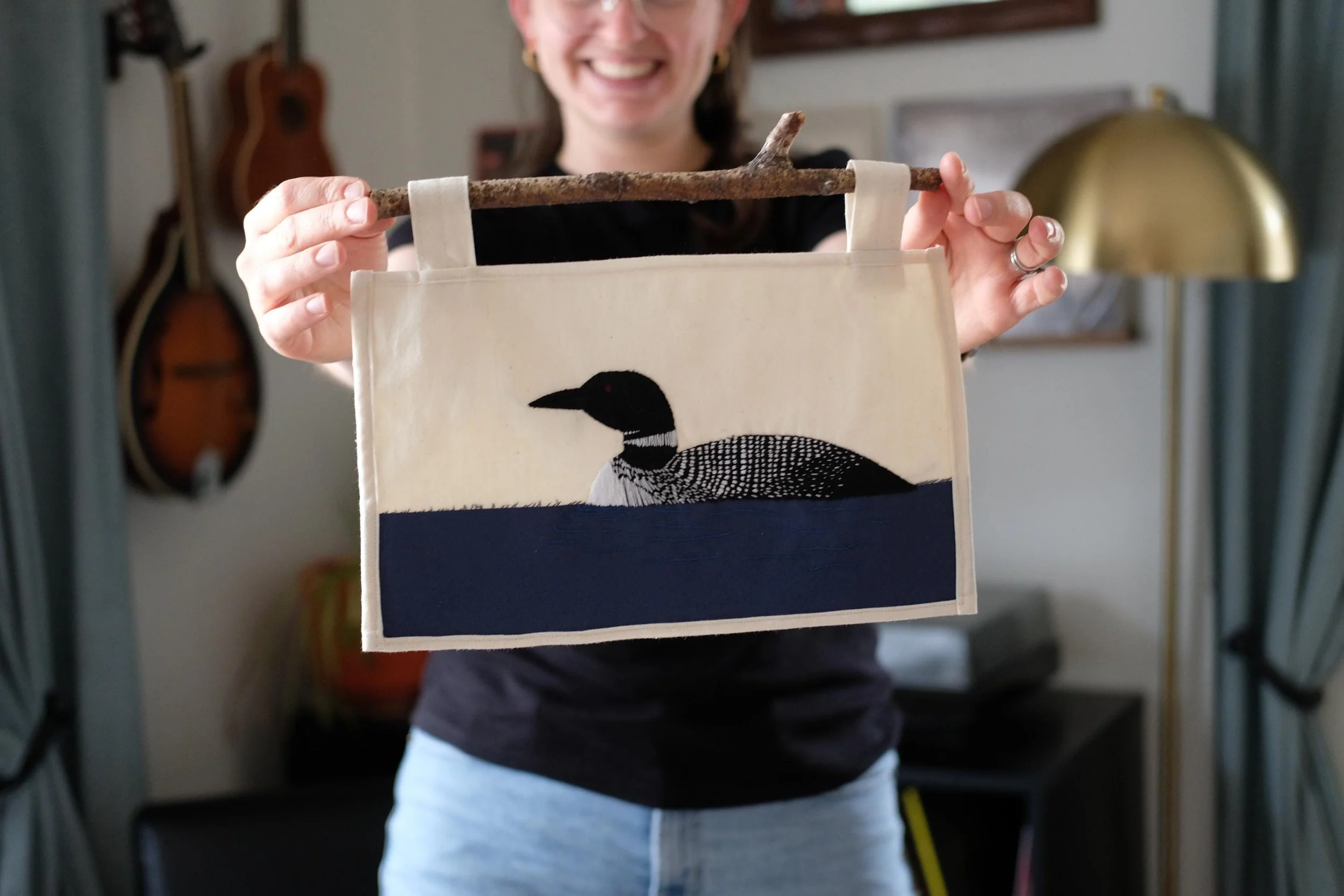 Hand Stitched Loon Wall Art | Lake Life Textile Hanging