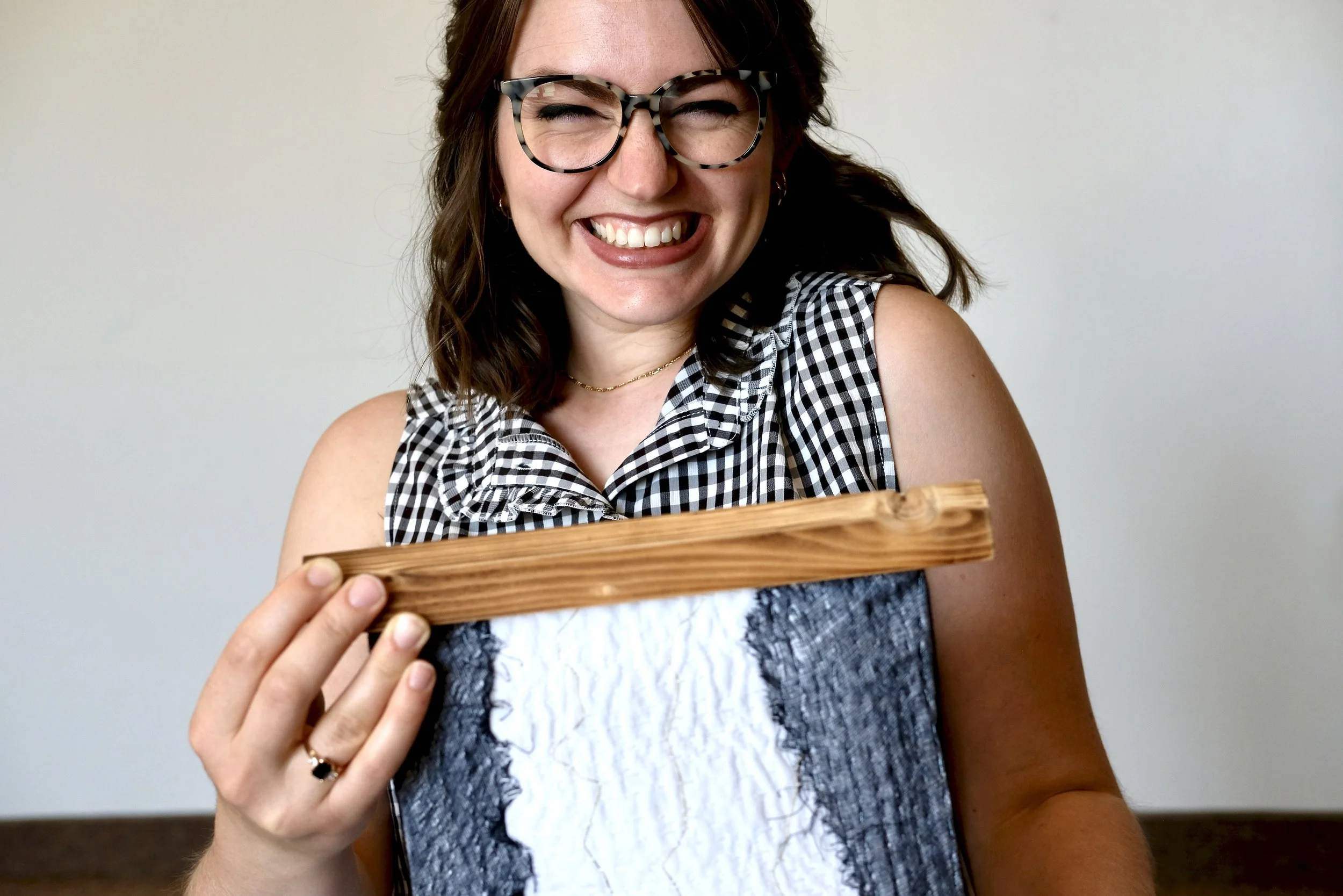 Artist Sarah Kirby of Larch Street Studio celebrating her Loose Threads Textile Art series launch