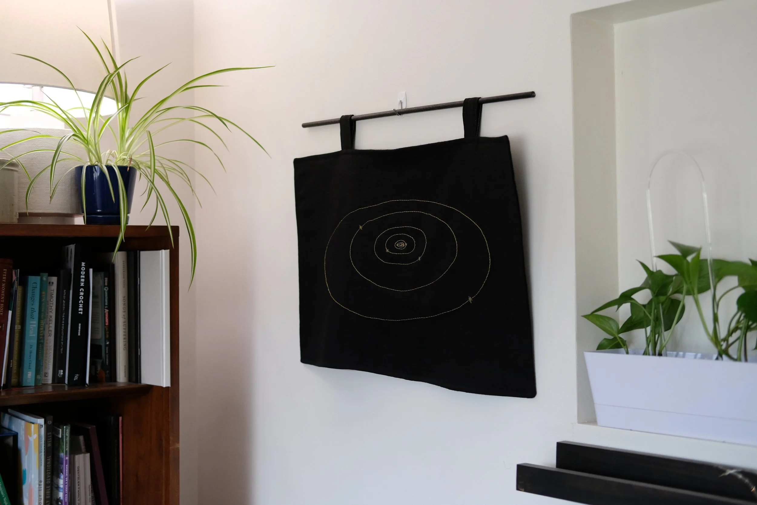 Solar system wall art, hand stitched golden wall art
