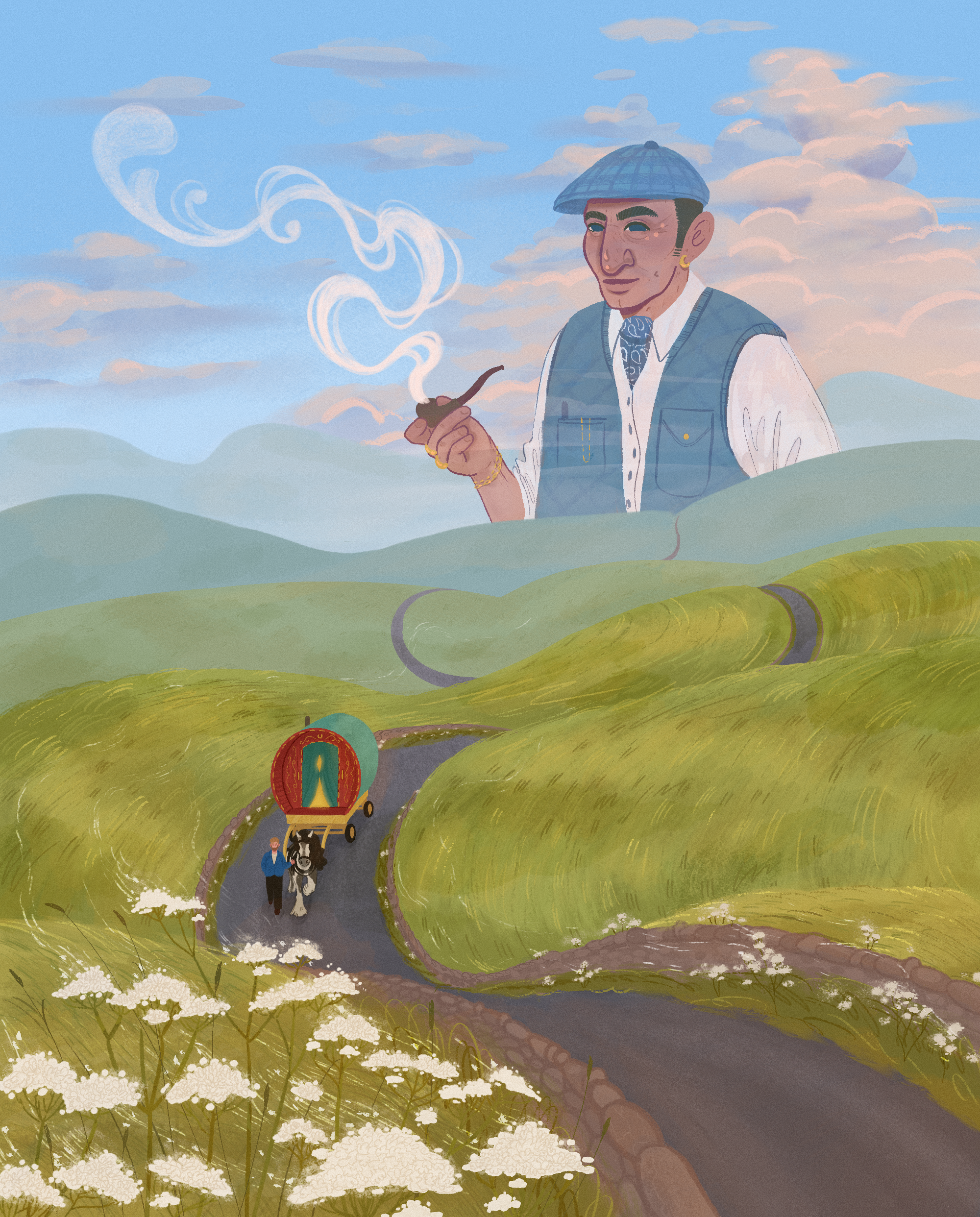 Elijah Vardo's self portrait of him with a wagon and horse, while his Romany Gypsy grandad looks over in spirit.