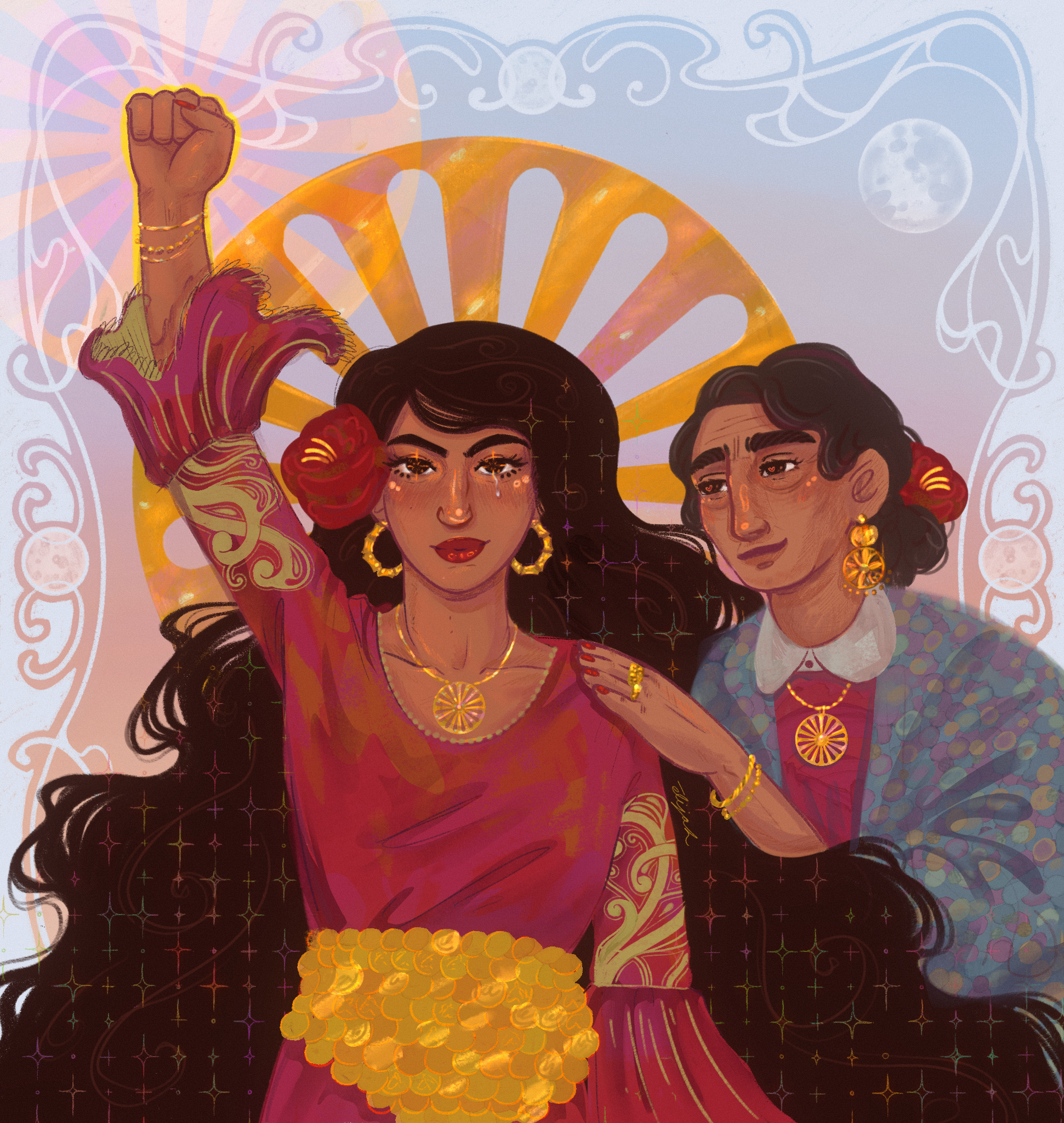 A vibrant digital illustration of a woman with a raised clenched fist, wearing gold jewelry, with a background of artistic clouds, moons, and swirling patterns.