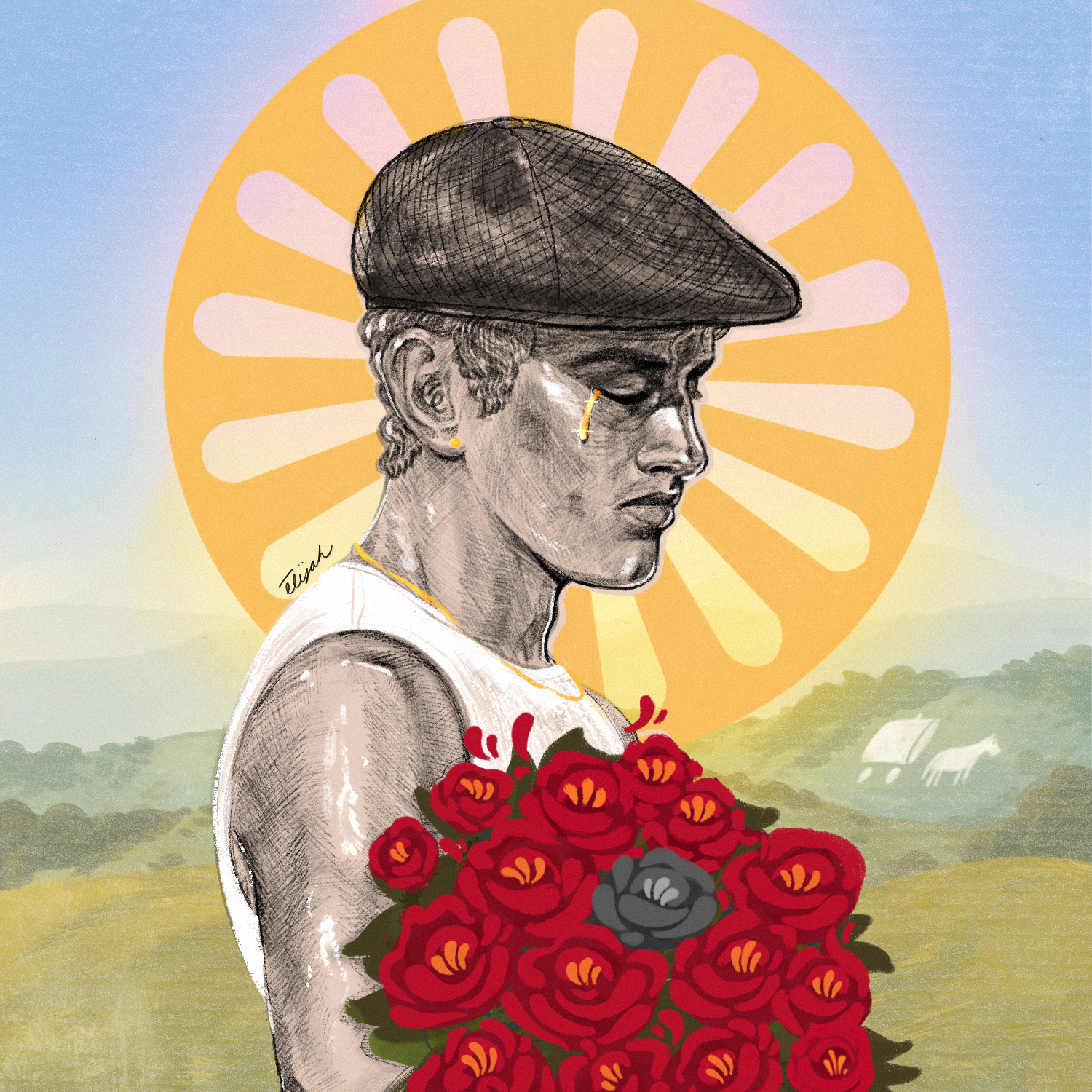 A digital drawing of a woman in profile holding a large bouquet of red and gray roses, wearing a white top, with a large yellow sun and blue sky with a hint of clouds in the background.