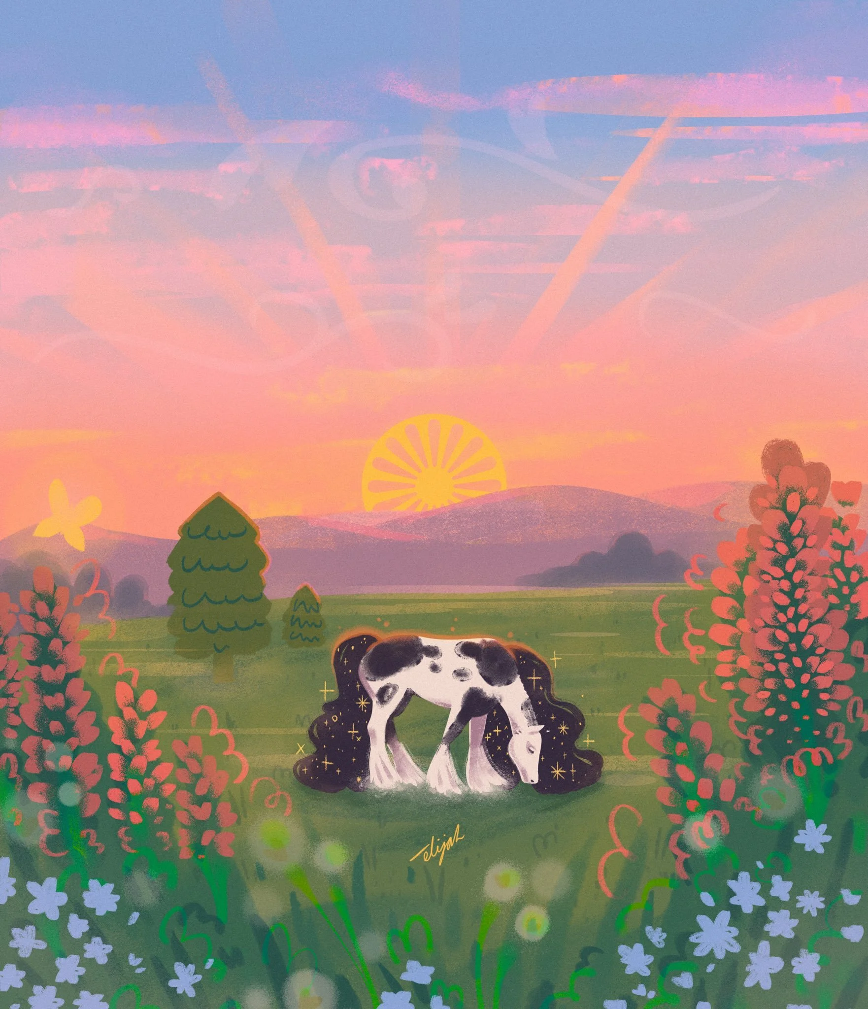 A digitally illustrated landscape showing a sunset with colorful sky, a small horse grazing on green grass, surrounded by flowers and trees, with a Ferris wheel in the background.