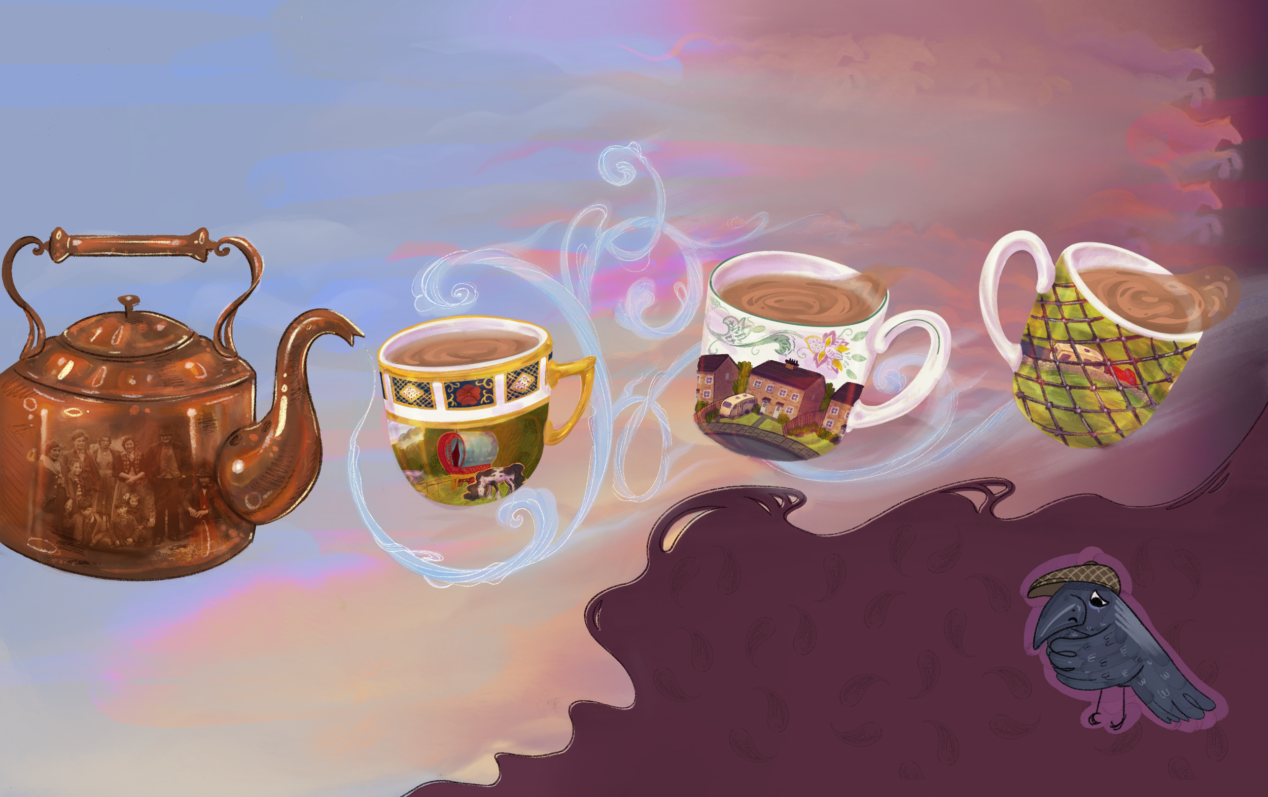 Illustration of a steaming cup of hot chocolate, a decorative teapot, and a floral mug with hot chocolate on a dreamy pastel background with swirling clouds and a silhouette of a person's face in profile.