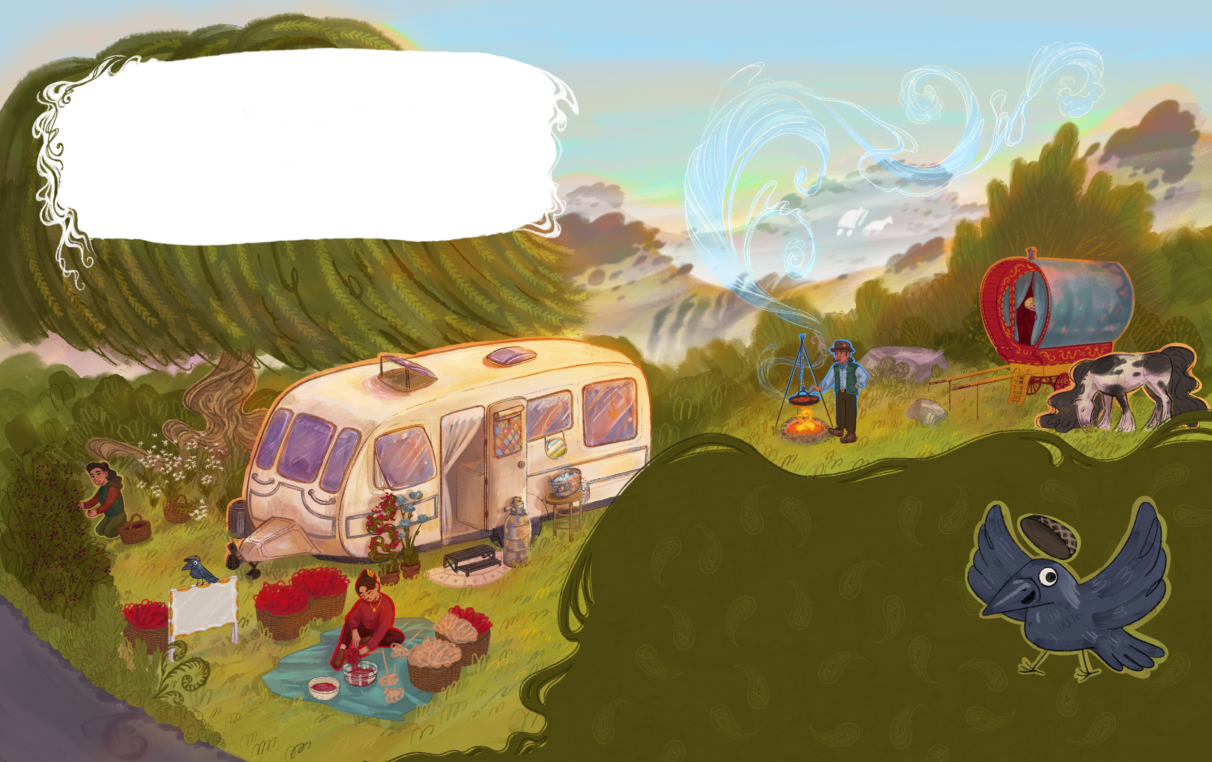 Illustration of a countryside scene with a caravan, people working and cooking outside, and a horse-drawn carriage with smoke coming out of a chimney in the background.