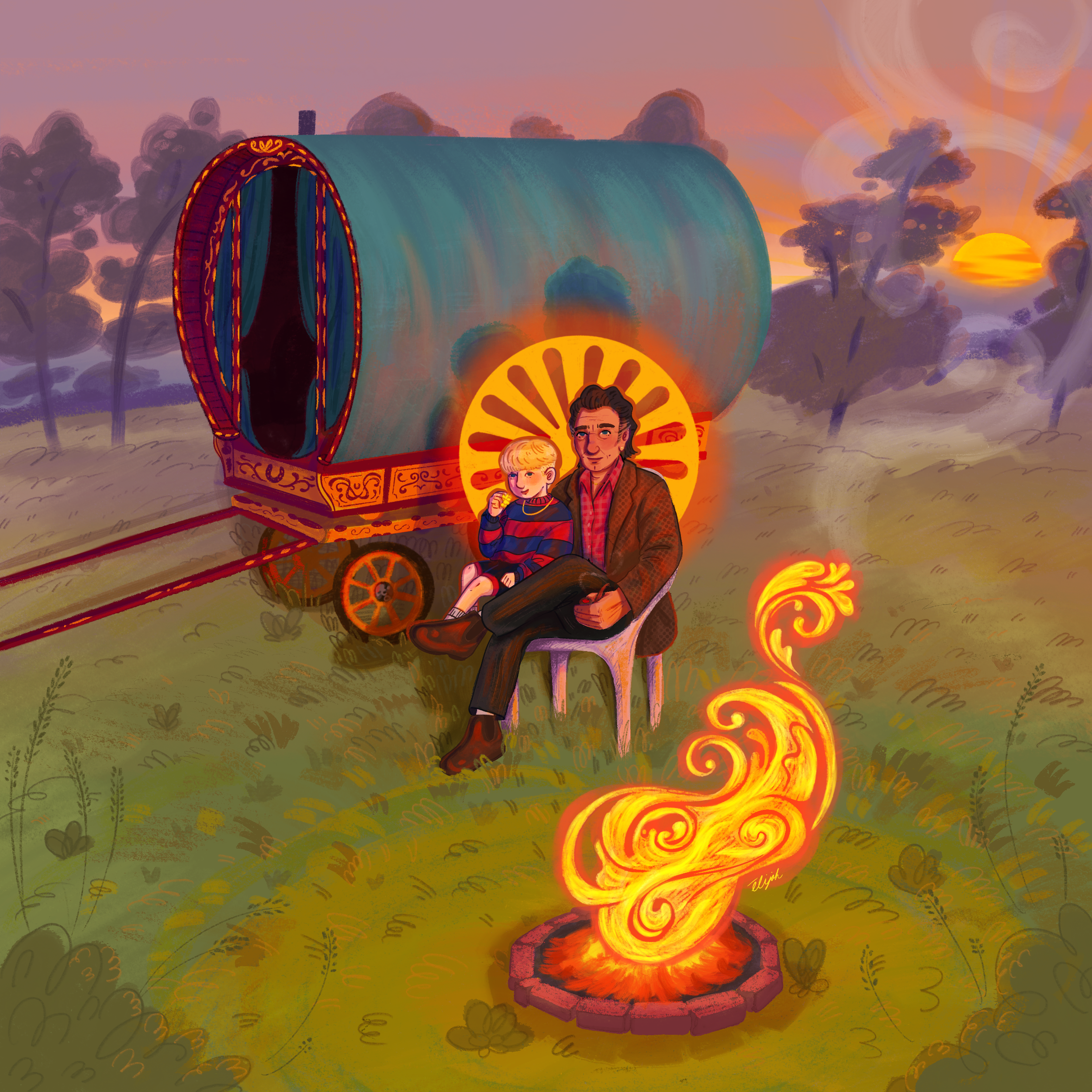 A colorful illustration of a vintage covered wagon with intricate red and yellow trim, set against a sunset sky with orange and purple clouds. Two characters, a man and a woman, are sitting in front of the wagon, with the man holding the woman in his