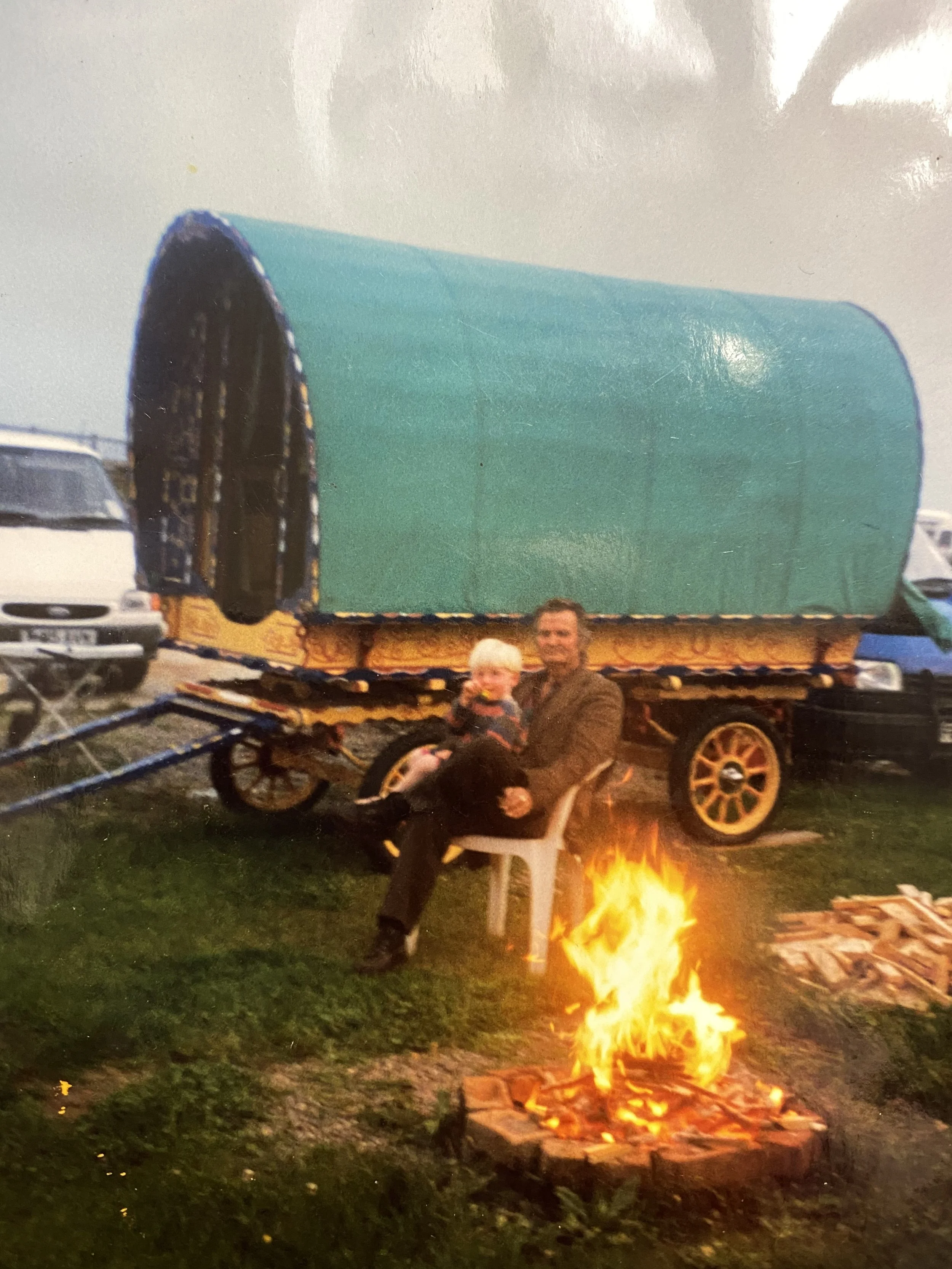 Elijah Vardo and his grandad infront of a wagon at Appleby Horsefair.