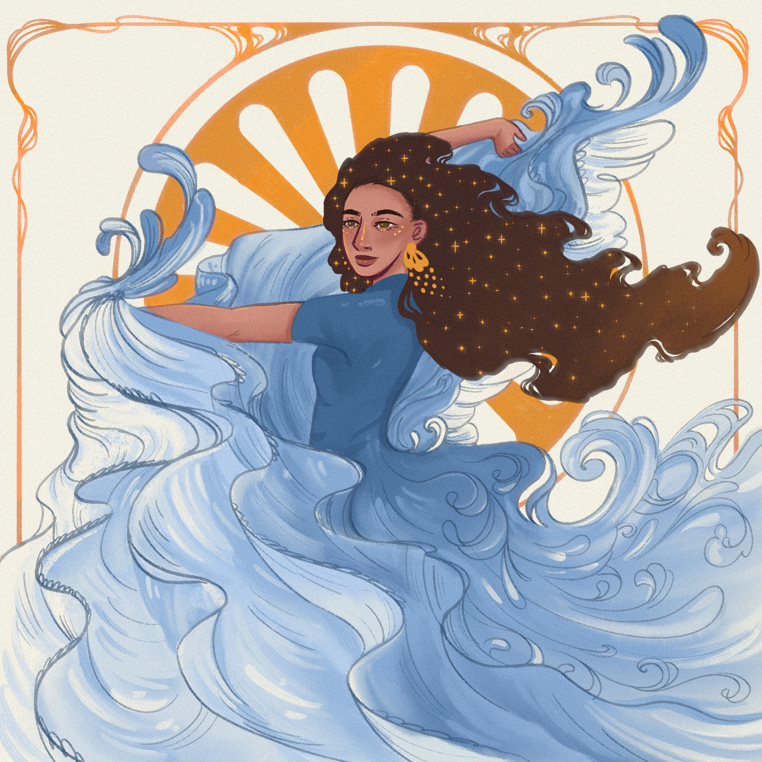 Illustration of a woman with long, flowing dark hair and golden sparkles, surrounded by swirling blue and white waves, with an orange sunburst behind her in the background.