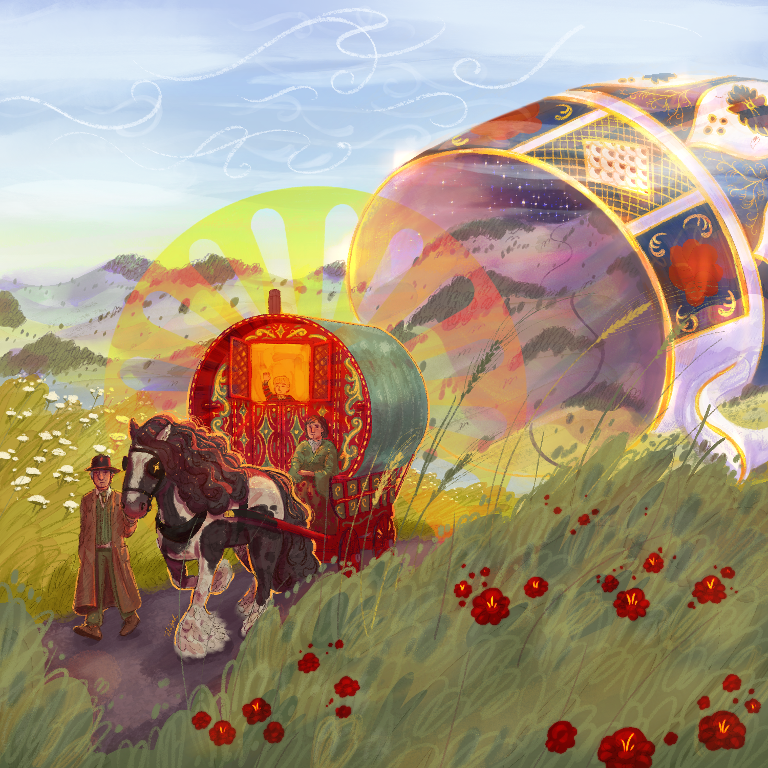 A colorful illustration of a horse-drawn carriage with a richly decorated rounded top, moving through a field of red flowers. The carriage is led by a man in a hat and suit, with a woman seated inside, both riding on a cobblestone path. In the backgr