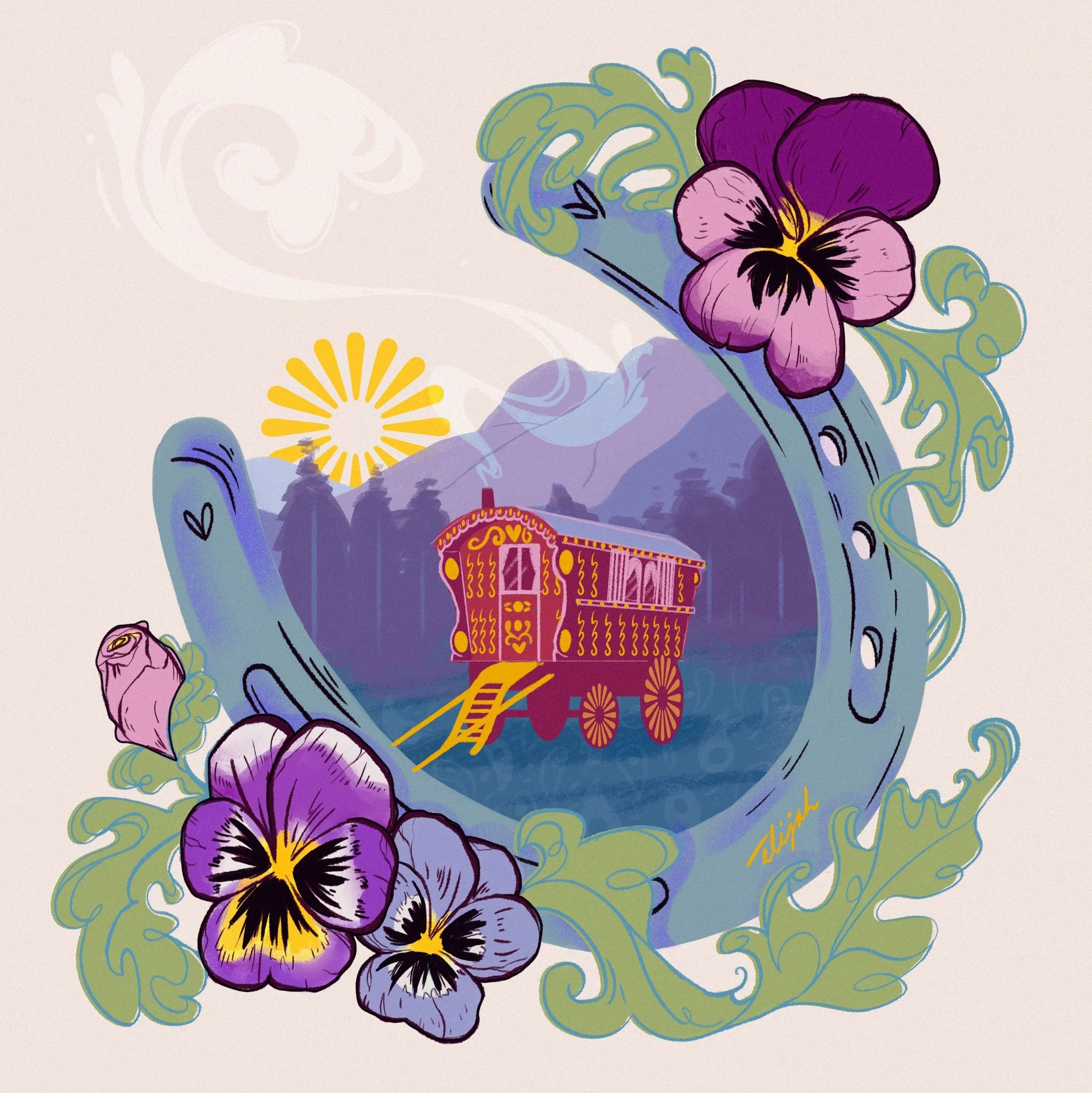 Illustration of purple pansy flowers with yellow and black centers, surrounding a vintage red and yellow carousel carriage, with decorative blue and green swirls and a yellow floral design in the background.