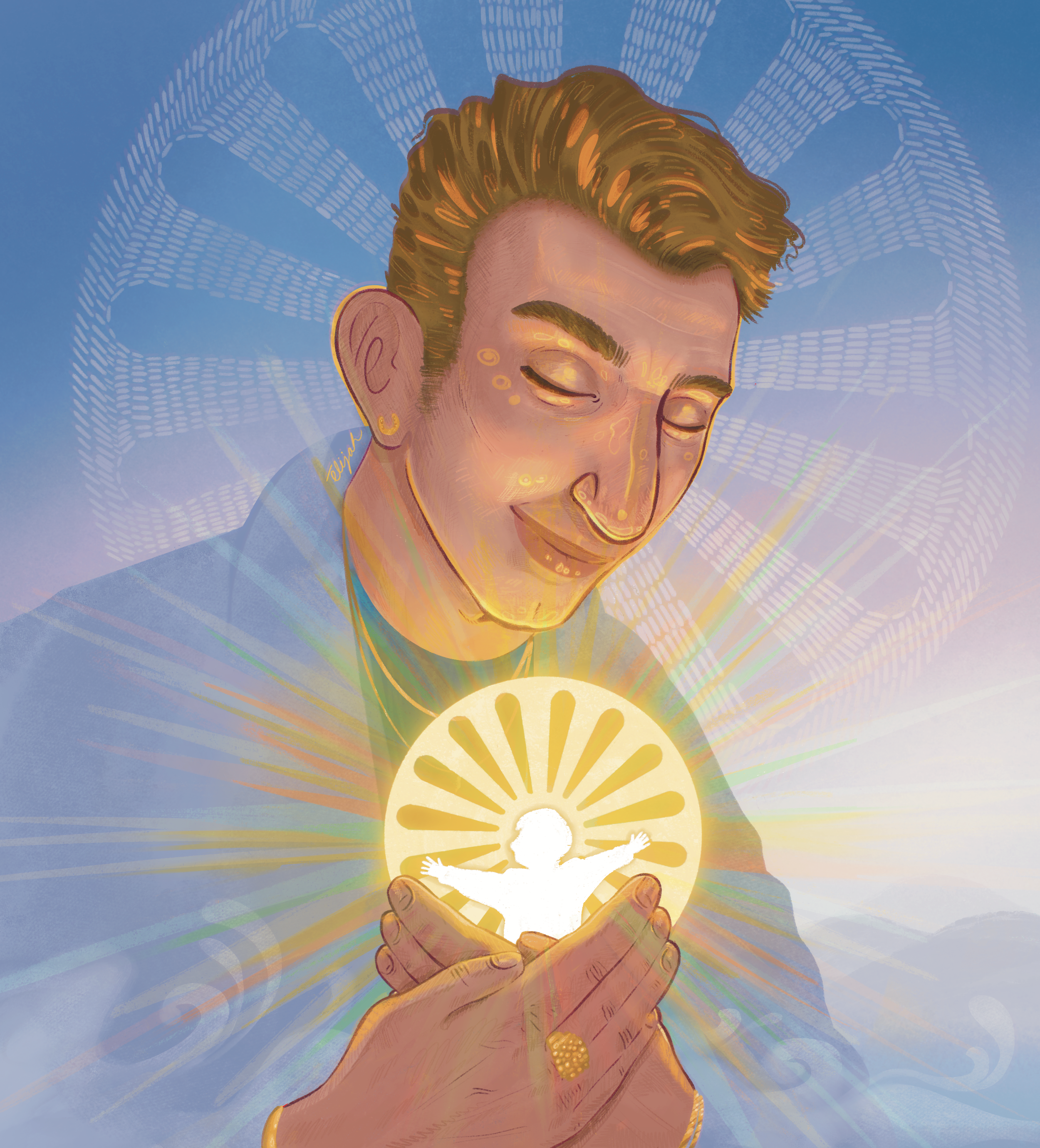 An artist's illustration of a person holding a slice of lemon with a radiant background of colorful lines and patterns, with a calm and peaceful facial expression, closed eyes, and vibrant golden jewelry.