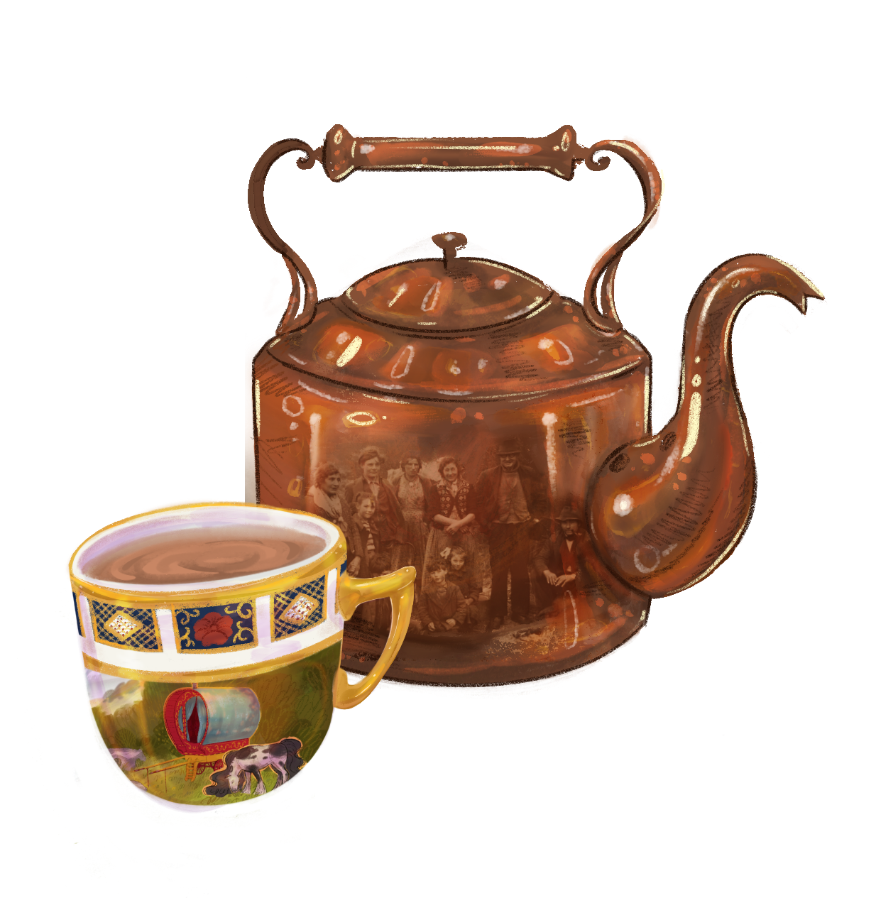 A vintage copper kettle with a photo of a Elijah Vardo's Romany family.