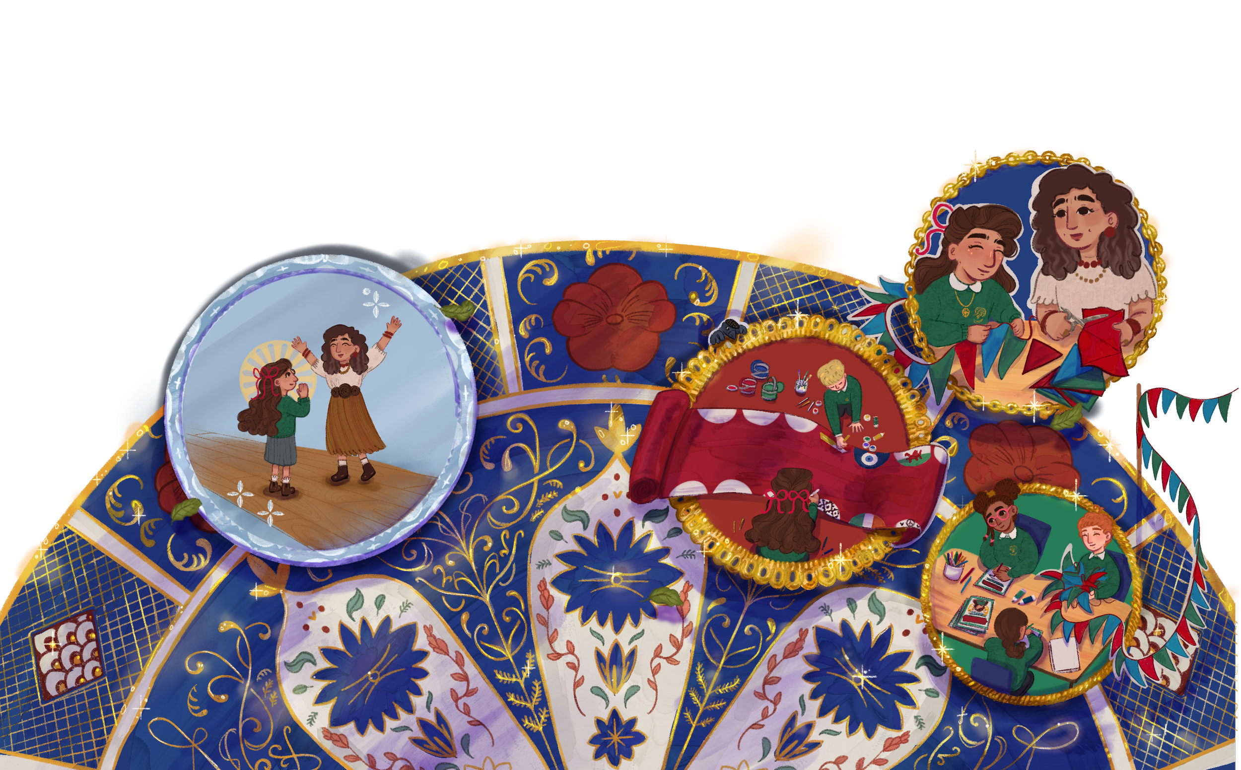 Illustration of a colorful carnival ride with multiple sections, including a snow globe scene with two girls inside, and various characters engaging in different activities amidst decorative patterns and vibrant colors.