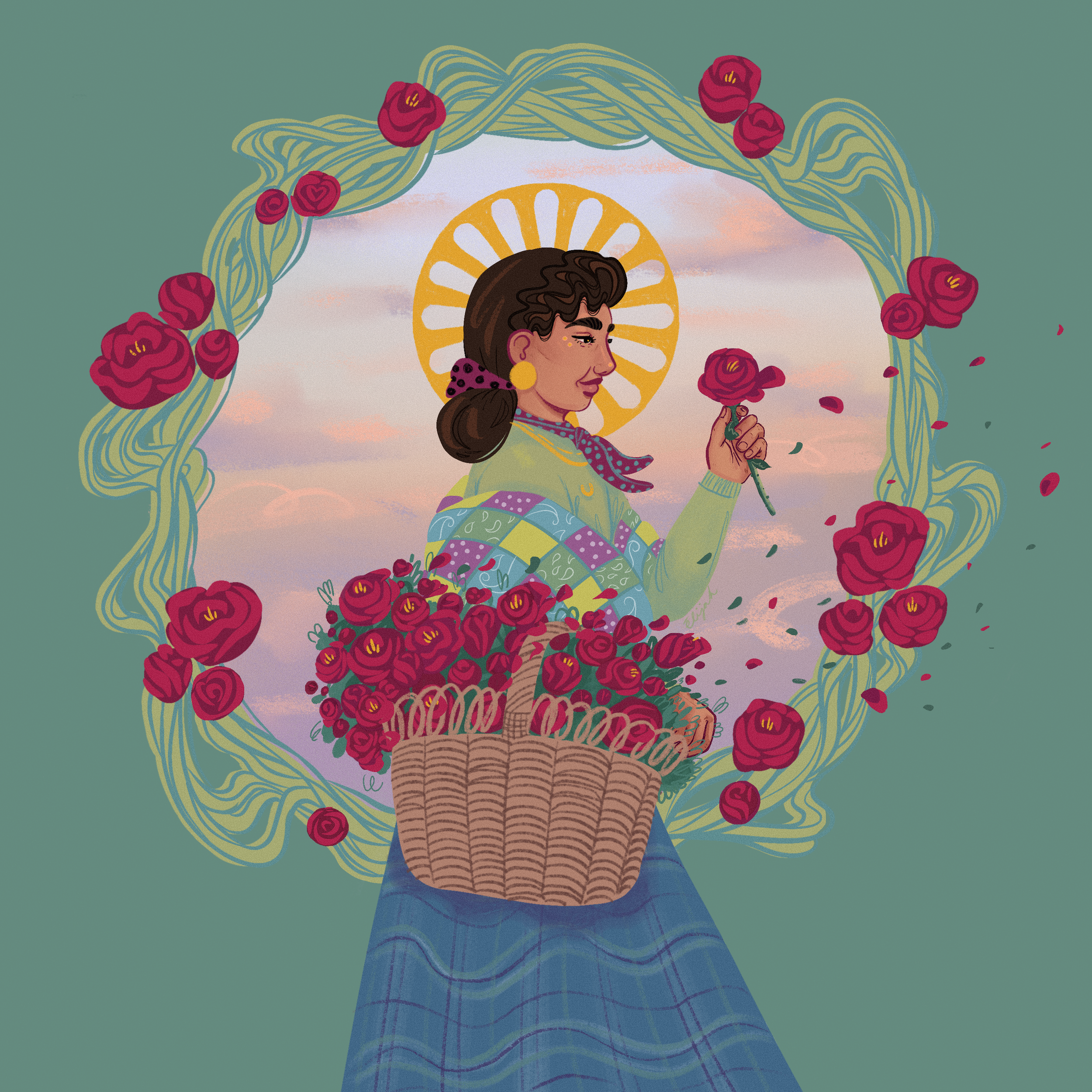 An artistic illustration of a woman holding a rose, with a large orange slice behind her head resembling a halo, surrounded by a floral border, against a teal background.