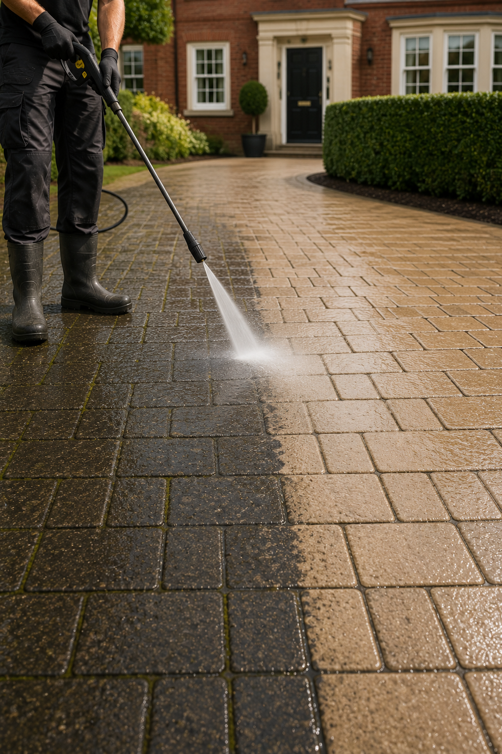 Person power washing a driveway with a pressure washer, wearing black gloves, black pants, and waterproof boots, in front of a large brick house with bushes and a front door.
