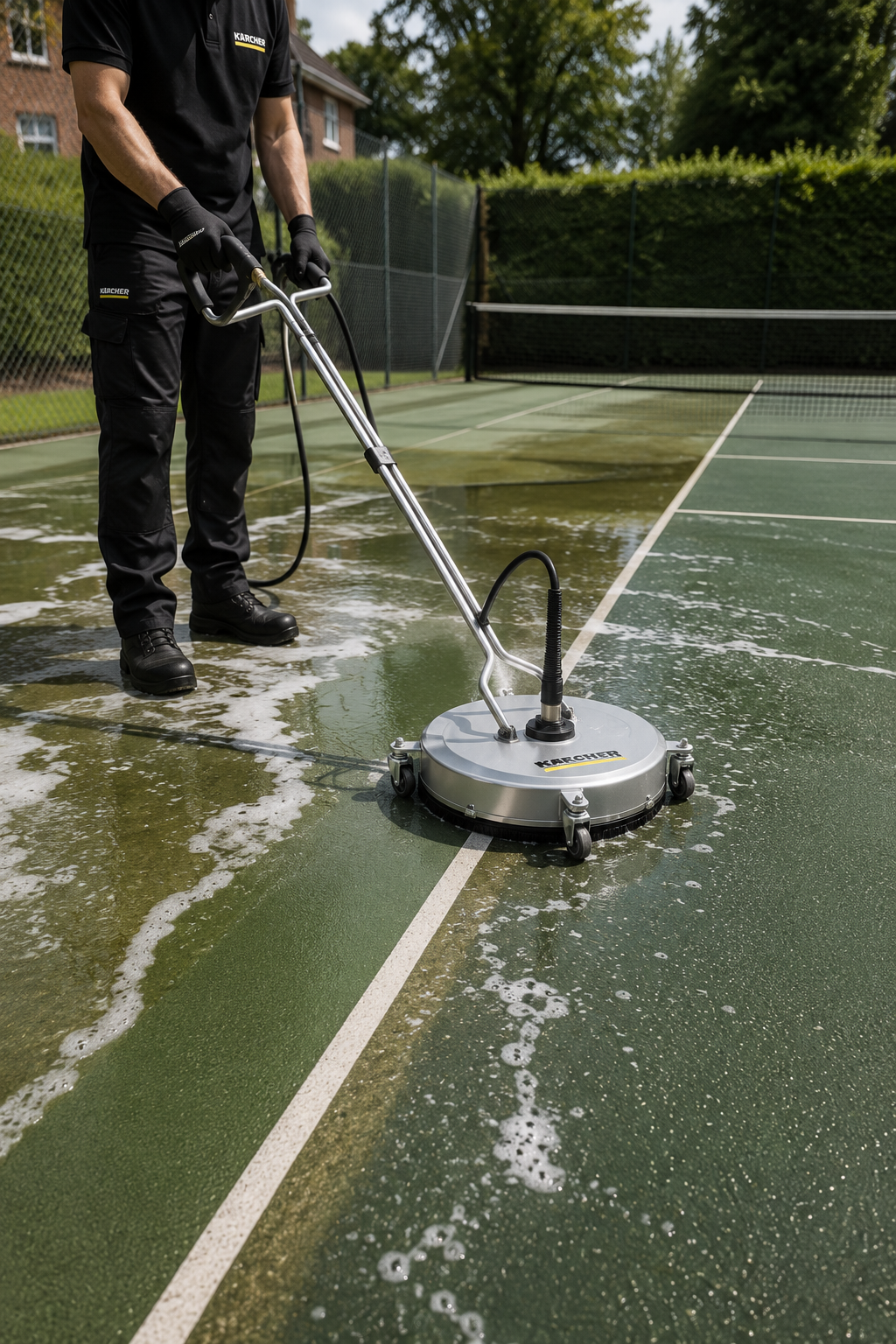 A person cleaning a wet tennis court with a floor cleaning machine.