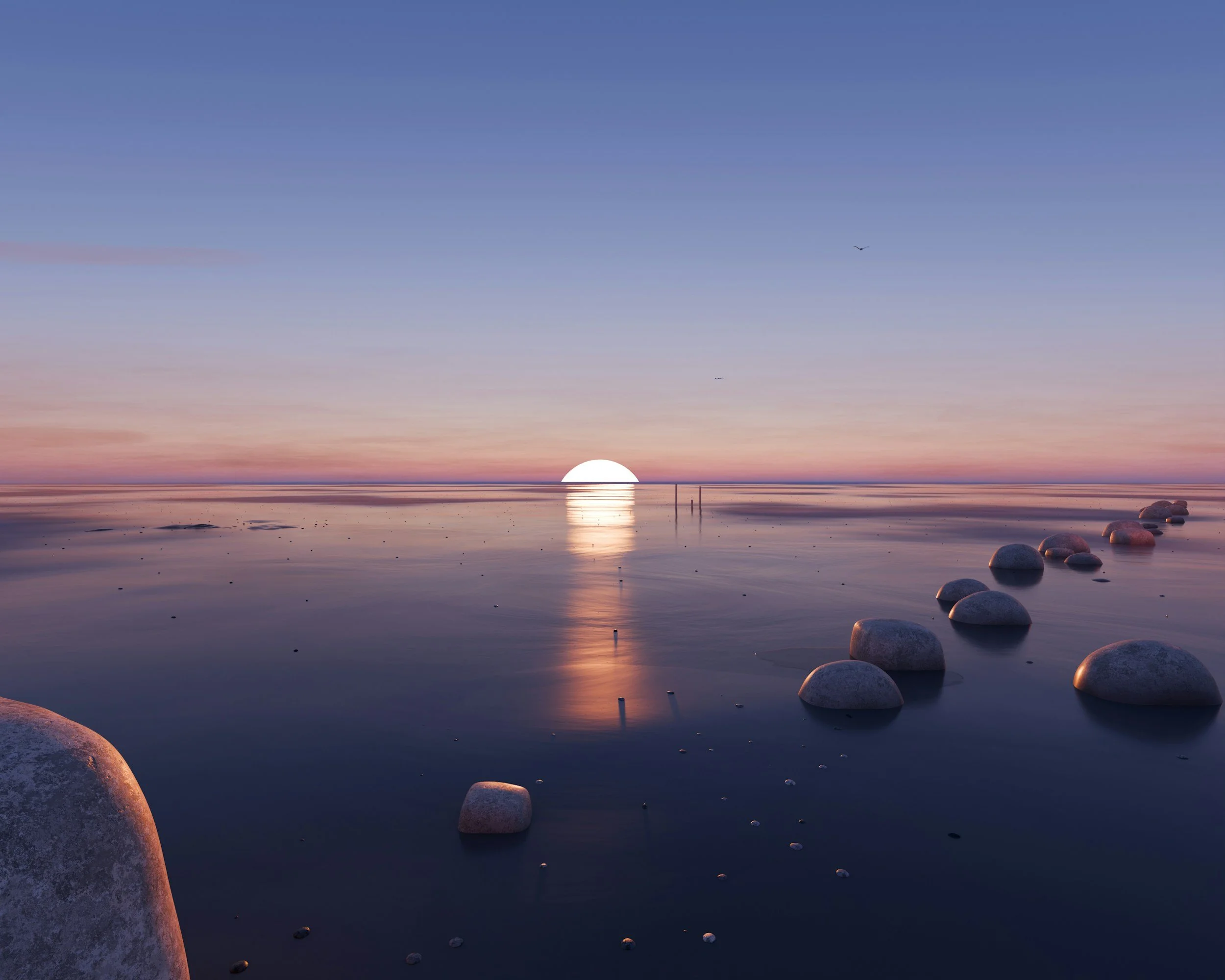 Sunset over a calm body of water with rocks along the shoreline and a few birds flying in the sky.