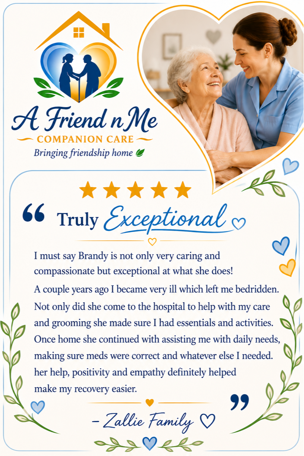 Brochure for A Friend n Me Companion Care featuring a photo of a caregiver smiling and holding an elderly woman's hand, with decorative hearts and leaves.