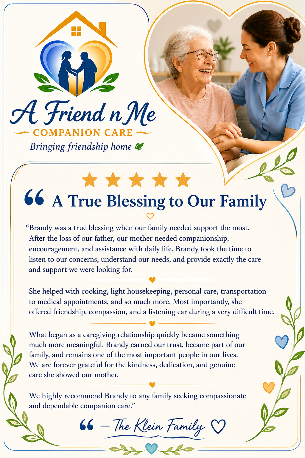 A brochure for 'A Friend n Me' companion care services featuring an image of a caregiving professional with an elderly woman, with text expressing gratitude and praise for a caregiver named Brandy.