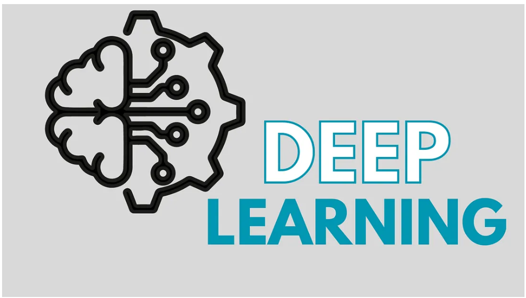 Outline of a brain combined with circuit lines, next to the text 'DEEP LEARNING' in blue.